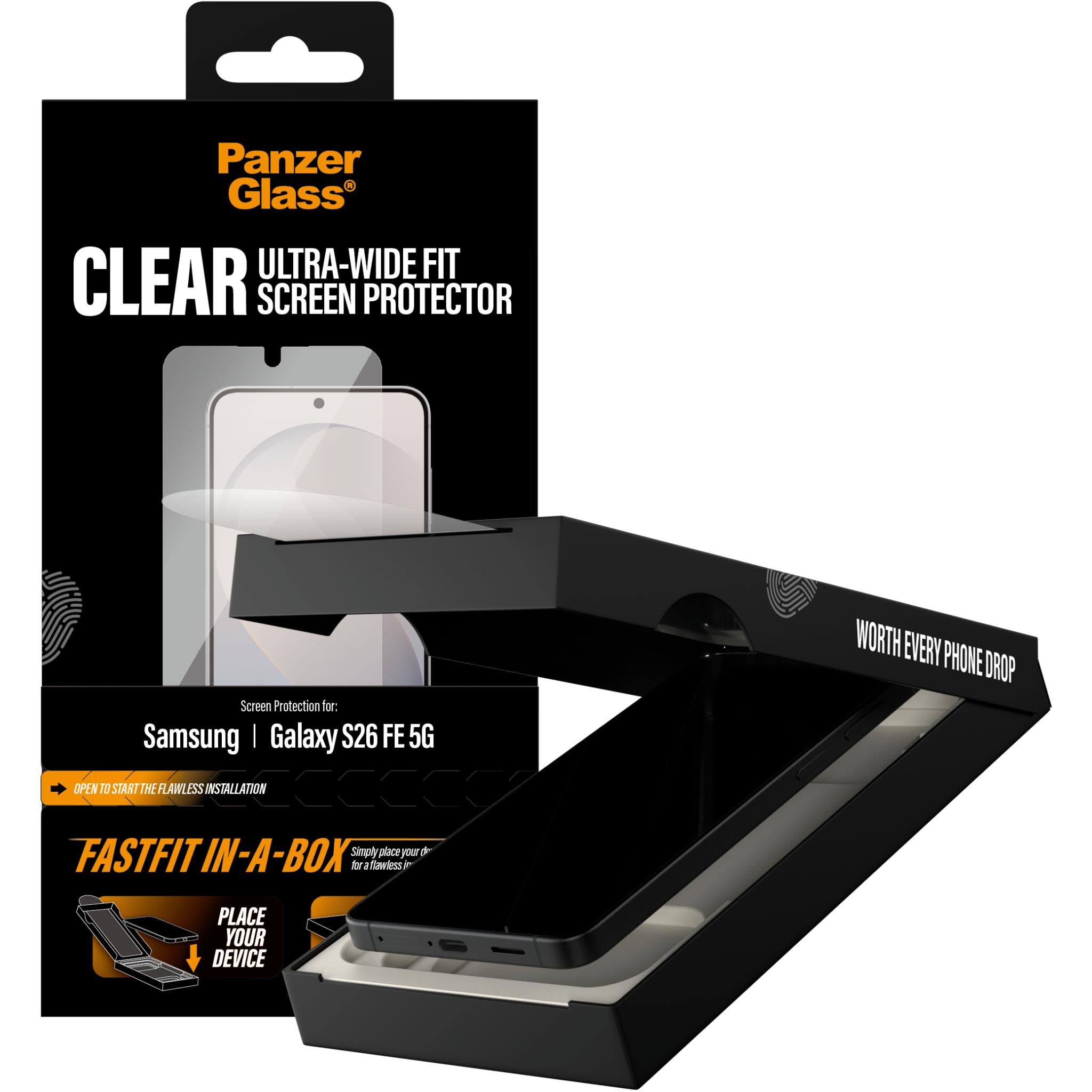 Ultra-wide clear screen protector kit with package and installation tray