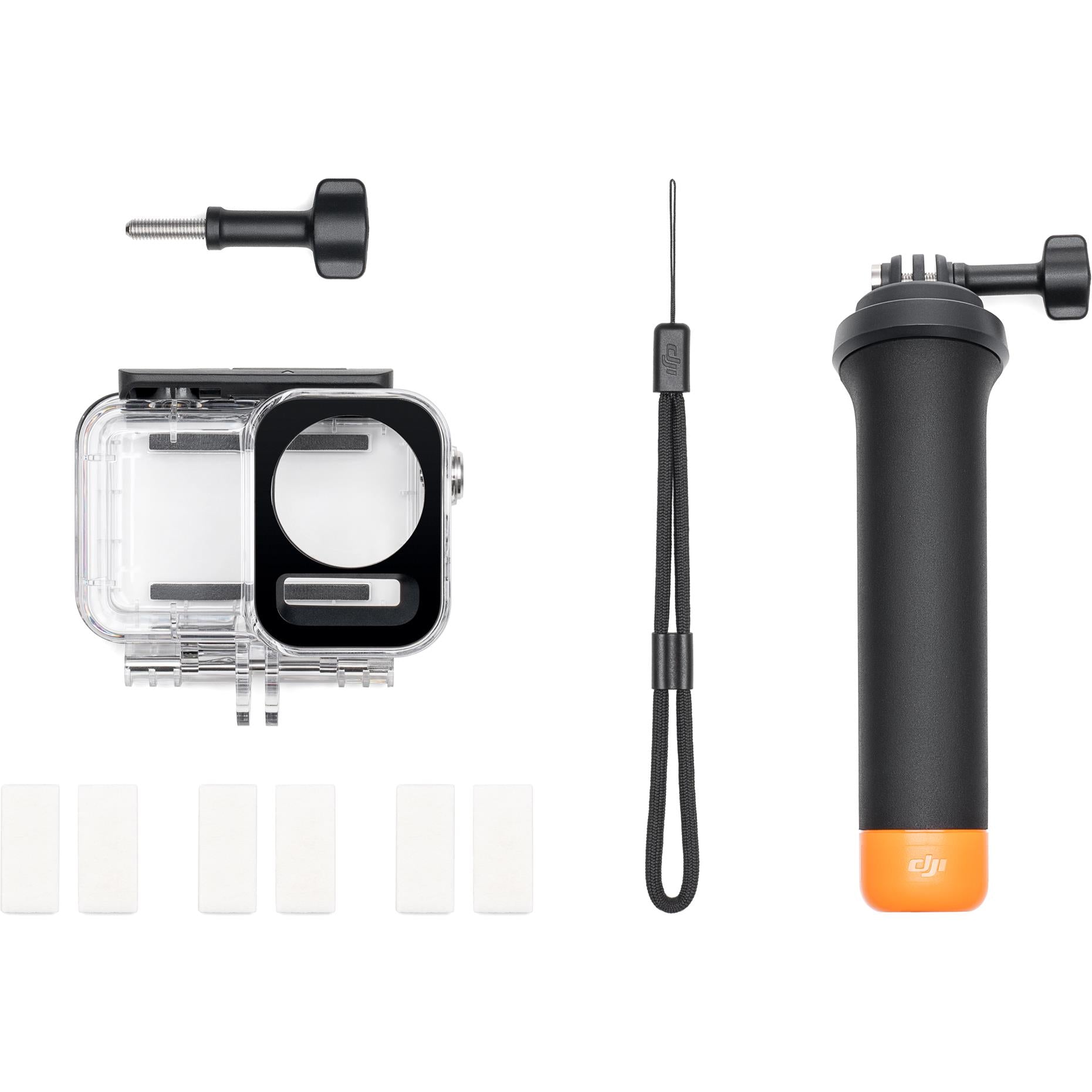 Waterproof action camera housing with black float handle and included mounting tools
