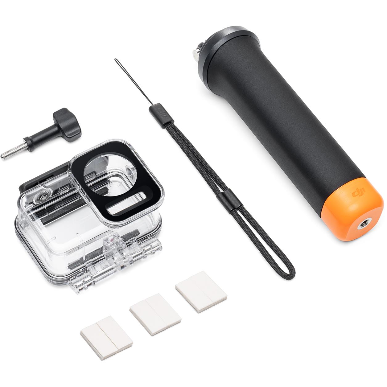 Clear waterproof camera case, black wrist strap, and orange float handle accessory set