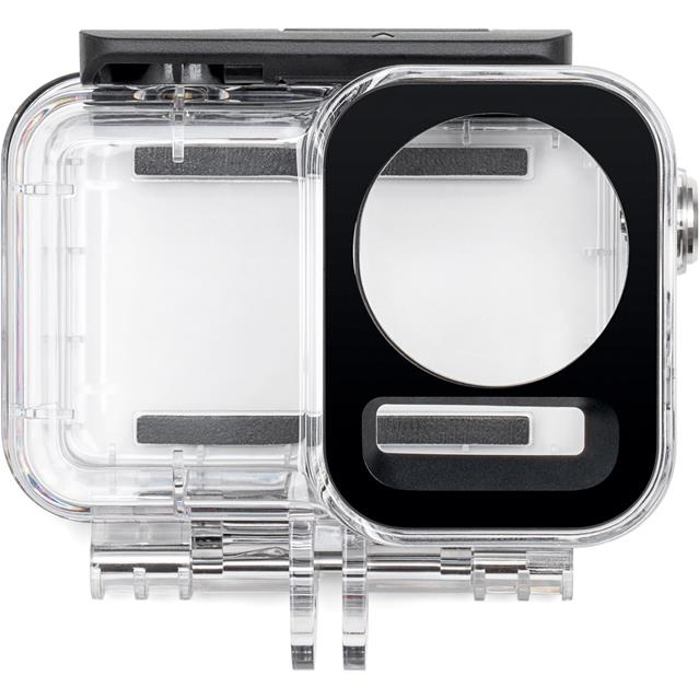 Transparent waterproof action camera housing with black front window and latch