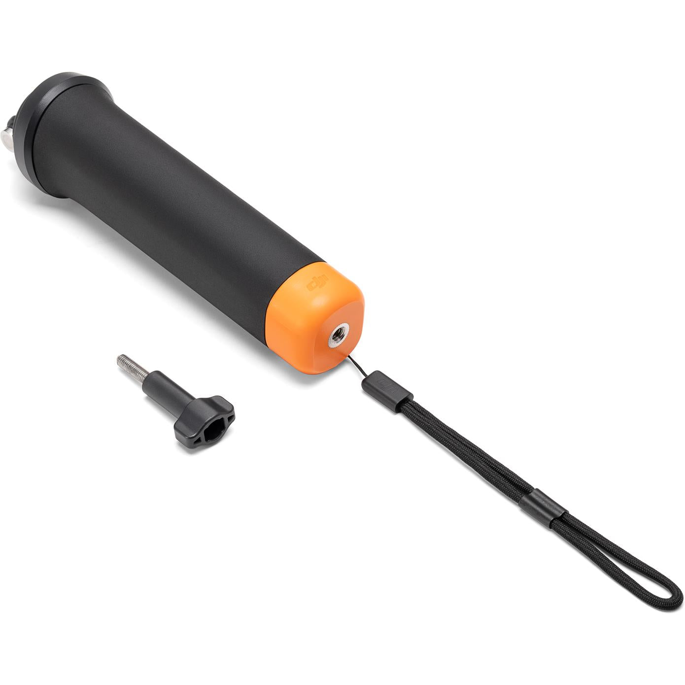 Orange-and-black float handle with black wrist strap and small mounting piece