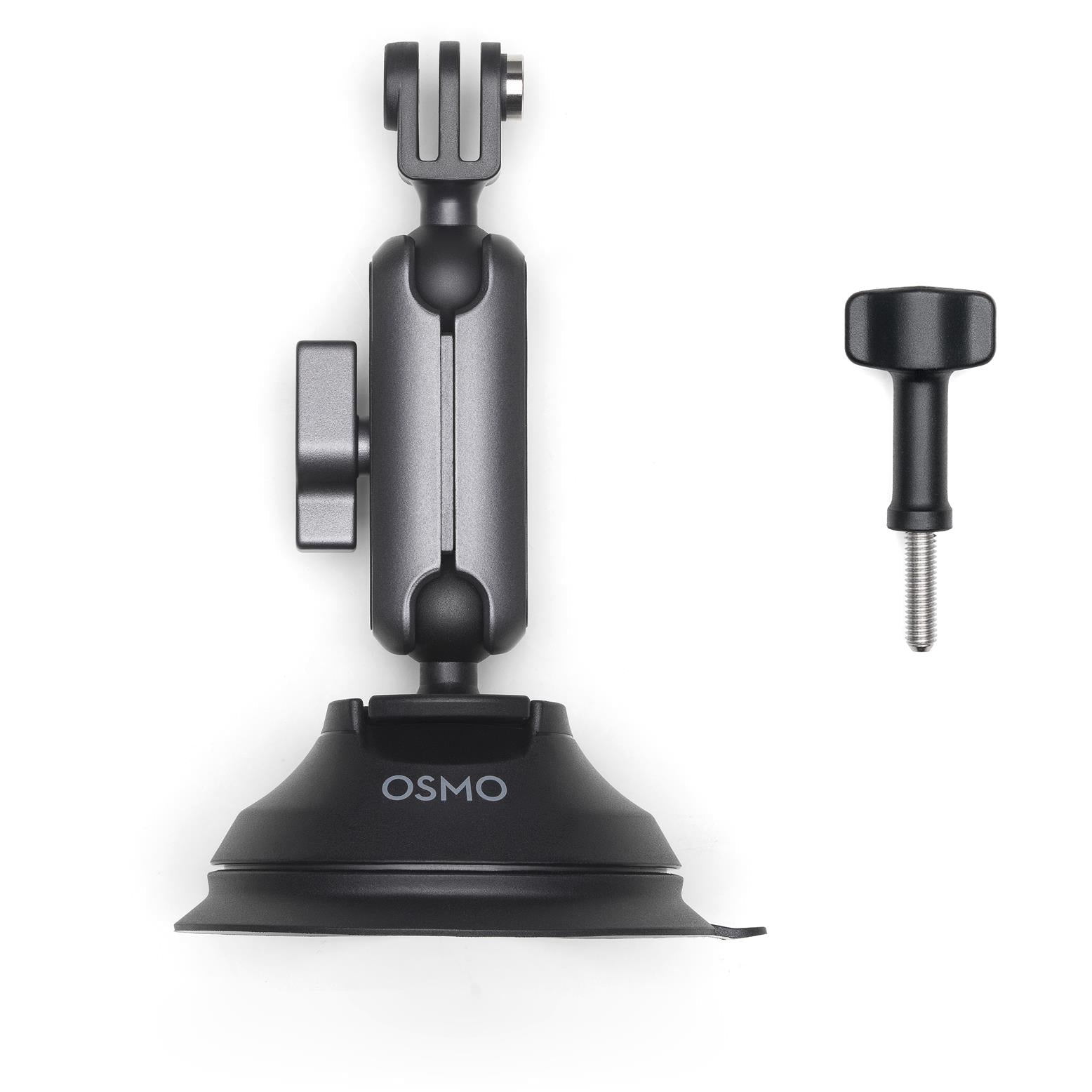 Suction cup action camera mount with ball joint and swivel arm, includes mounting pin