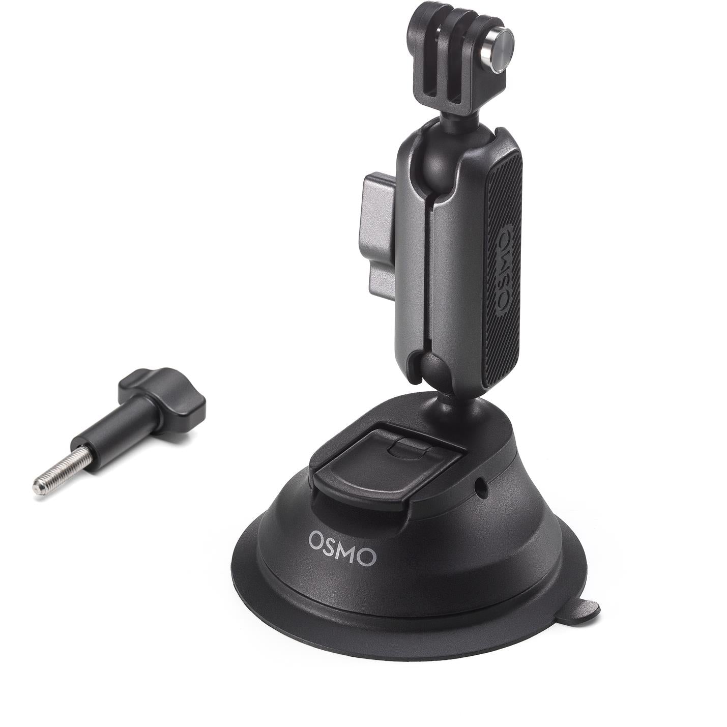 Action camera suction mount with ball joint swivel arm and side grip, with screw pin