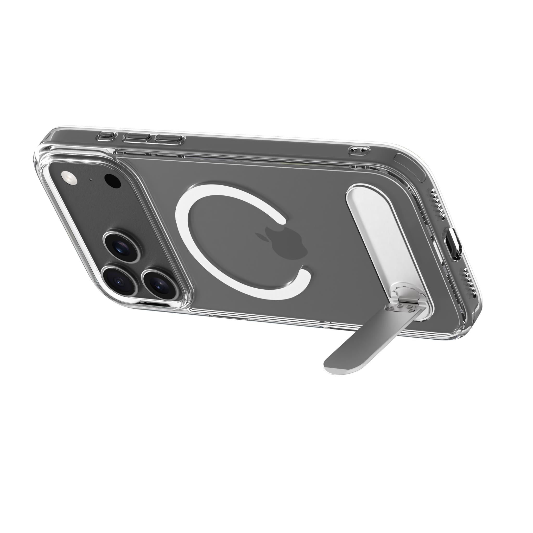 Clear phone case with NeoStand+ kickstand and protective camera bezel on dark back