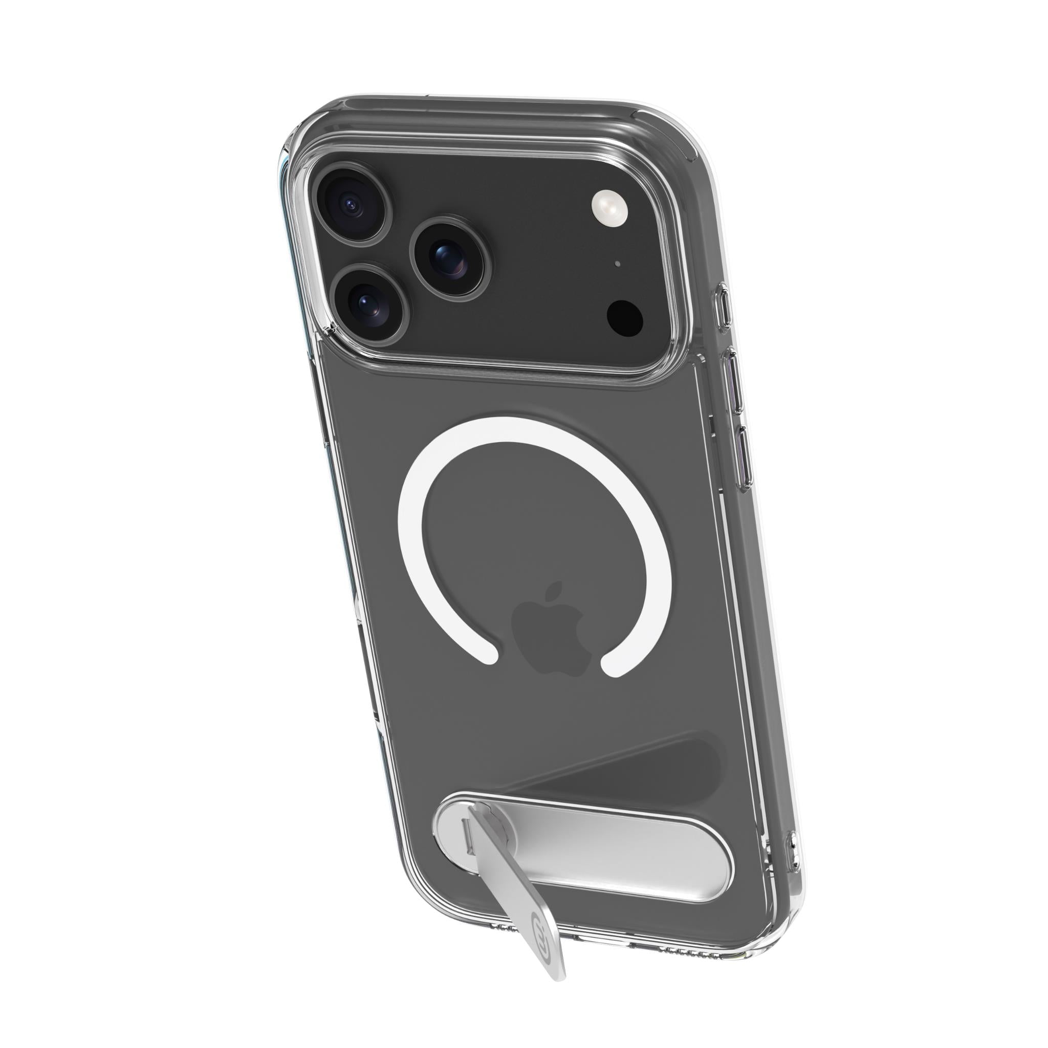 Clear smoke iPhone case with built-in kickstand and MagSafe-style ring detail