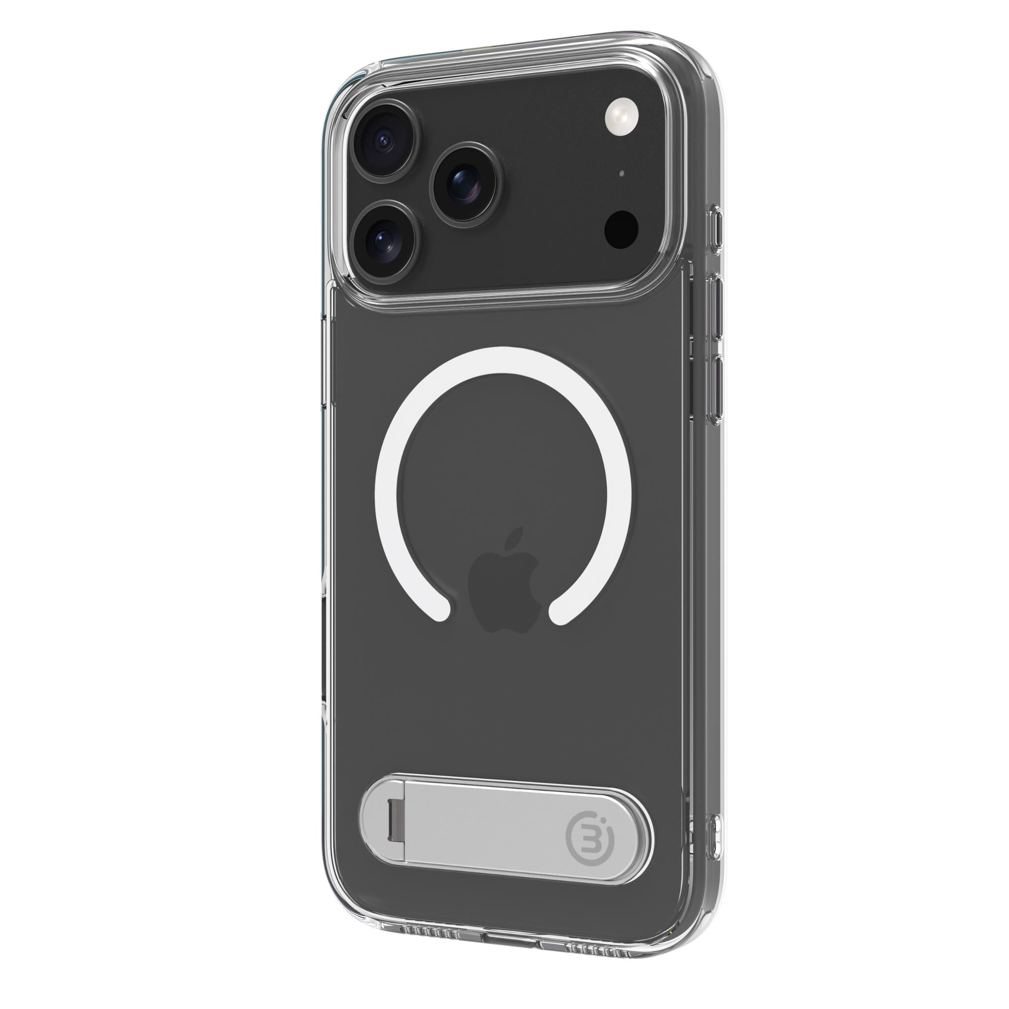 Clear smoke iPhone case with NeoStand+ kickstand strip and camera openings
