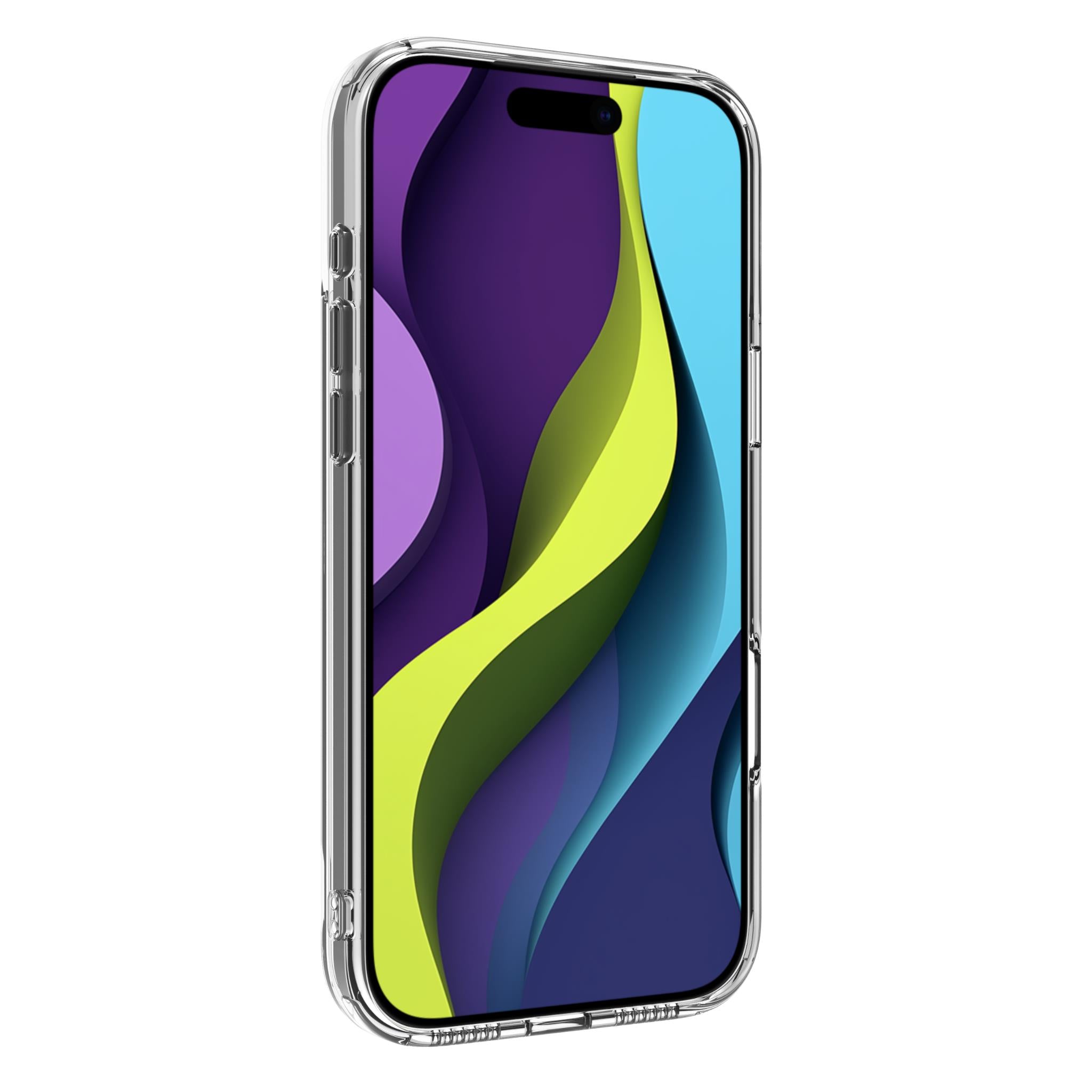 Transparent iPhone case with NeoStand+ kickstand, raised edges, and camera cutouts