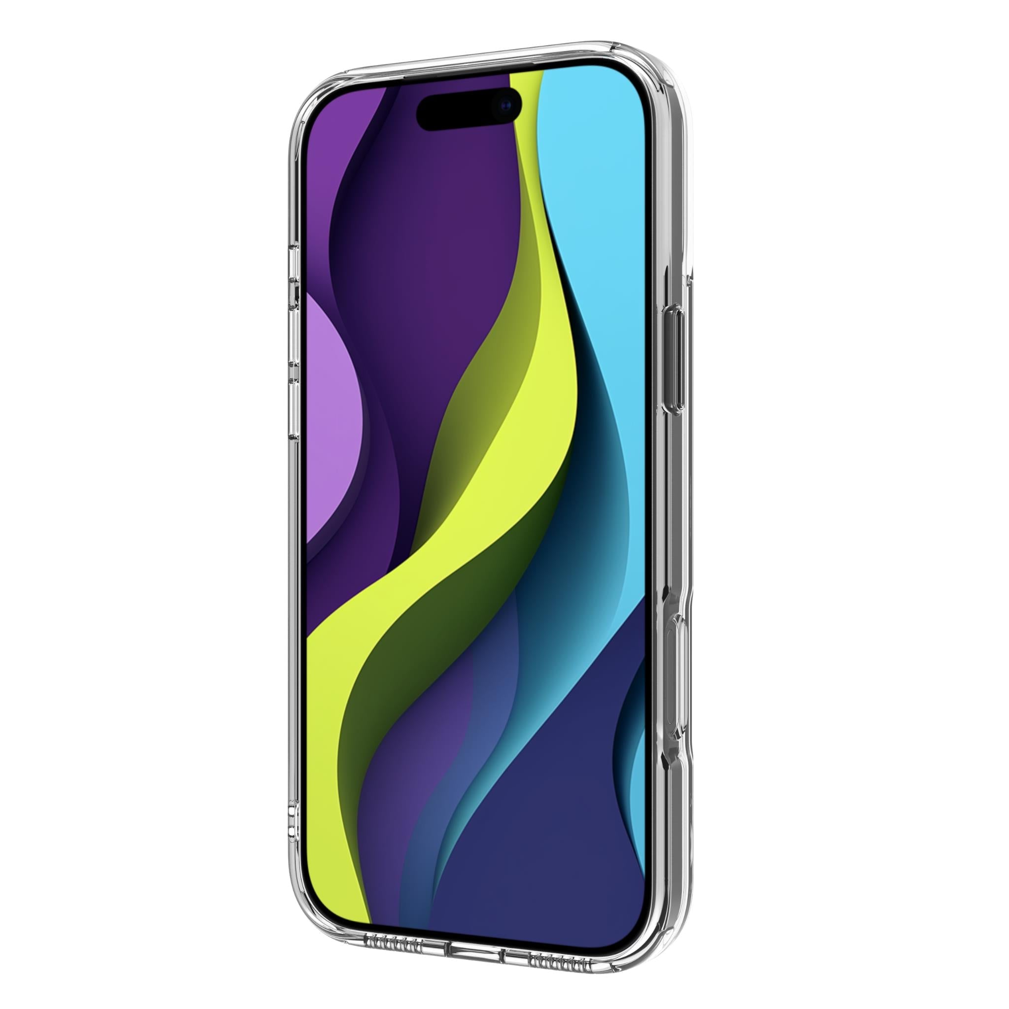 Clear iPhone case with NeoStand+ kickstand, side buttons, and camera openings