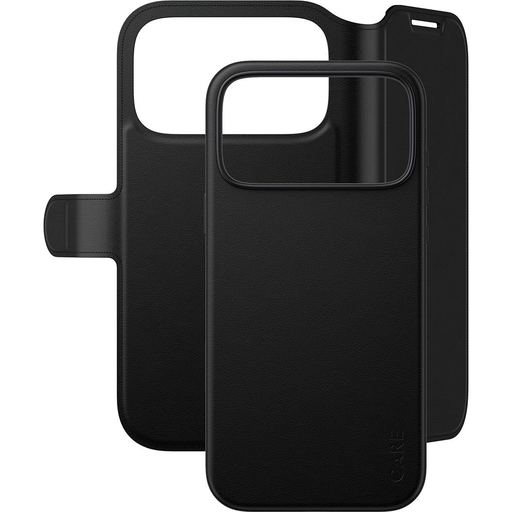 Black iPhone folio wallet case with protective flap and side card holder