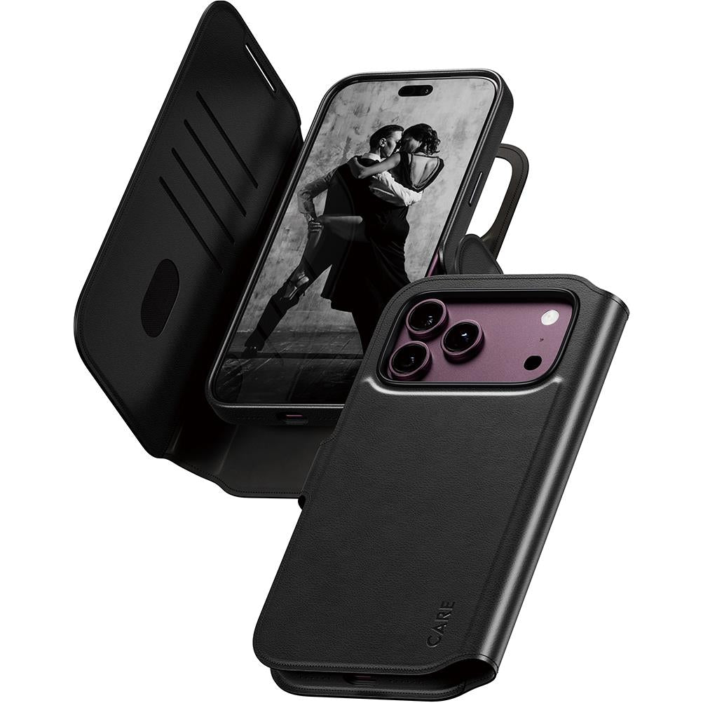 Black iPhone folio wallet case with open flap and phone camera cutout