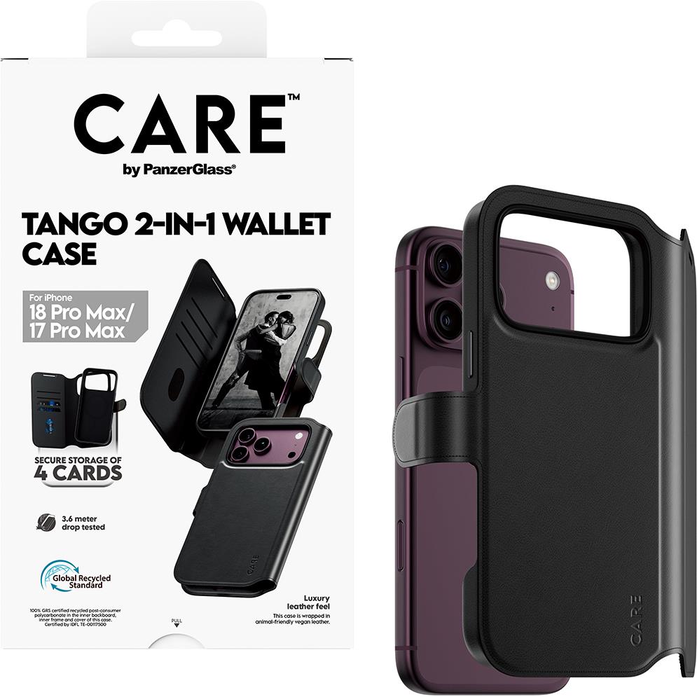 CARE Tango 2-in-1 wallet phone case box showing black folio and cutouts