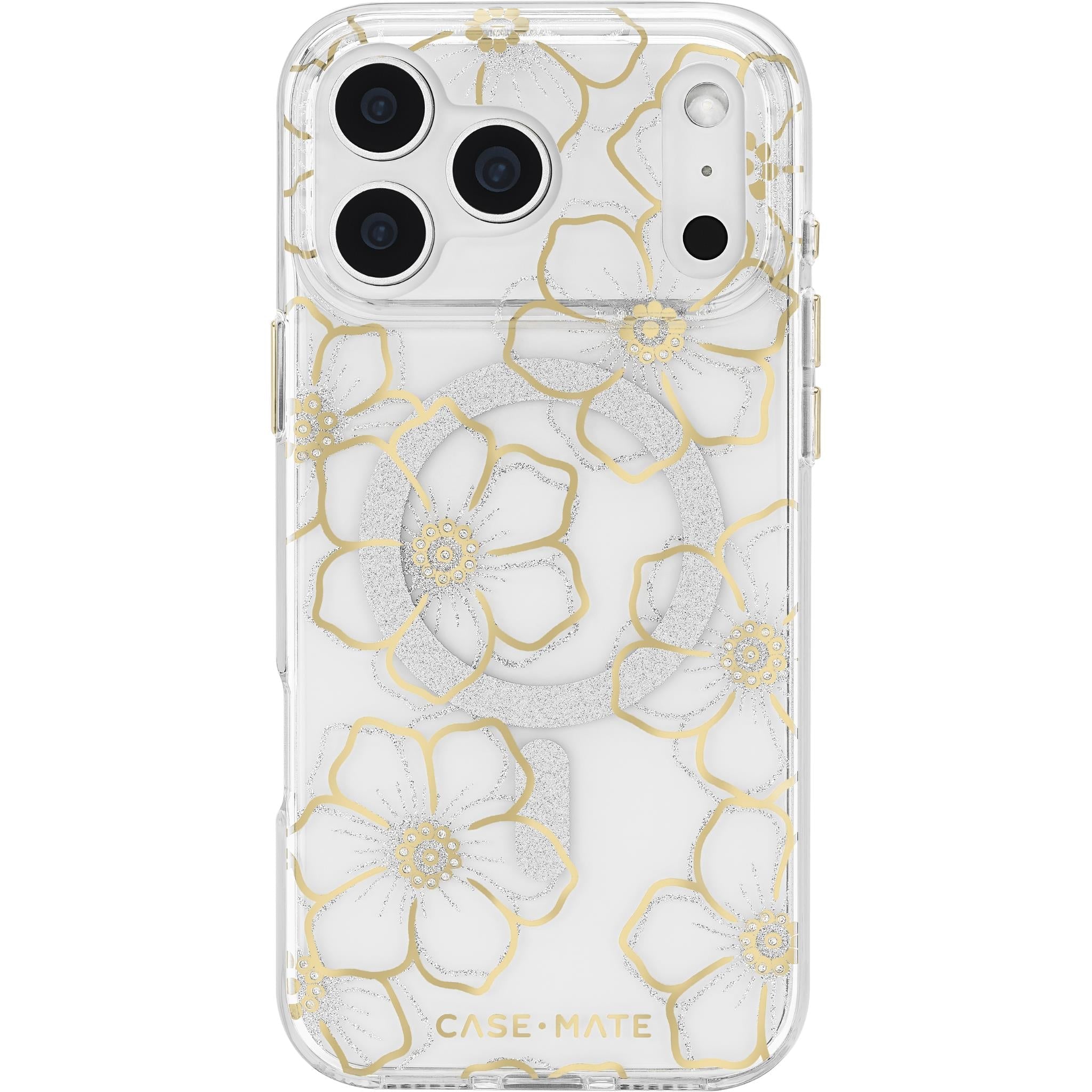 iPhone 18 Pro Max MagSafe case, clear back with gold flowers and gem accents
