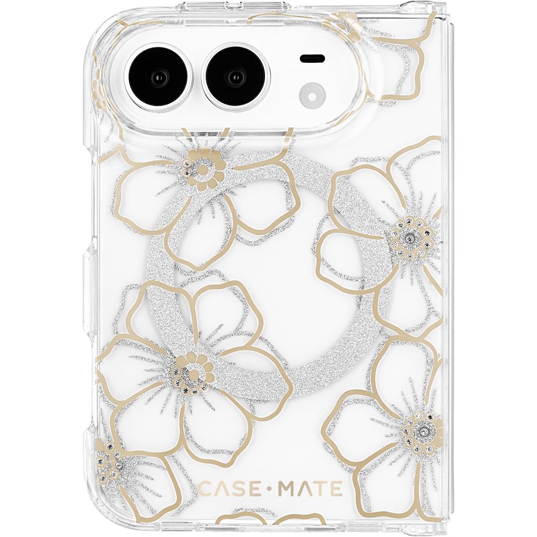 Clear phone case with white and gold floral gem design