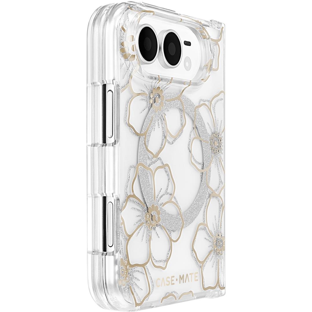 Clear phone case with gold-edged floral gem accents and camera cutouts