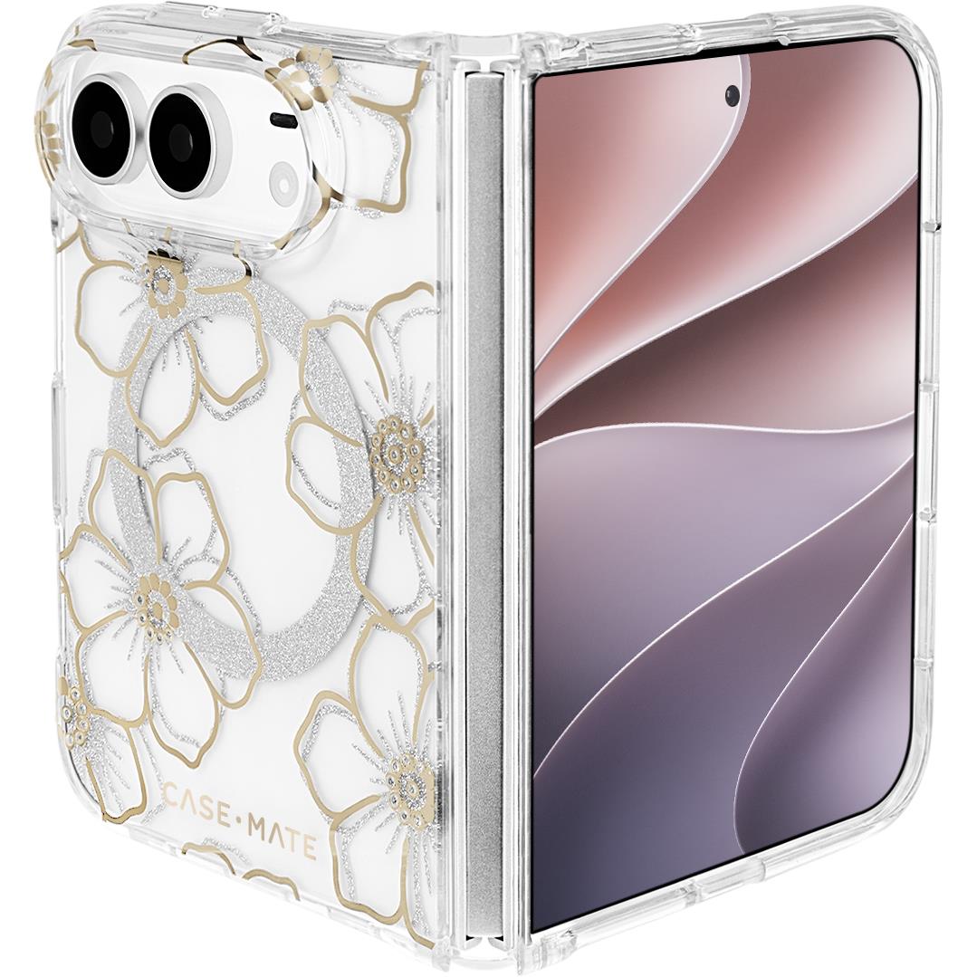 Clear phone case with white and gold flower embellishments and front screen cutout