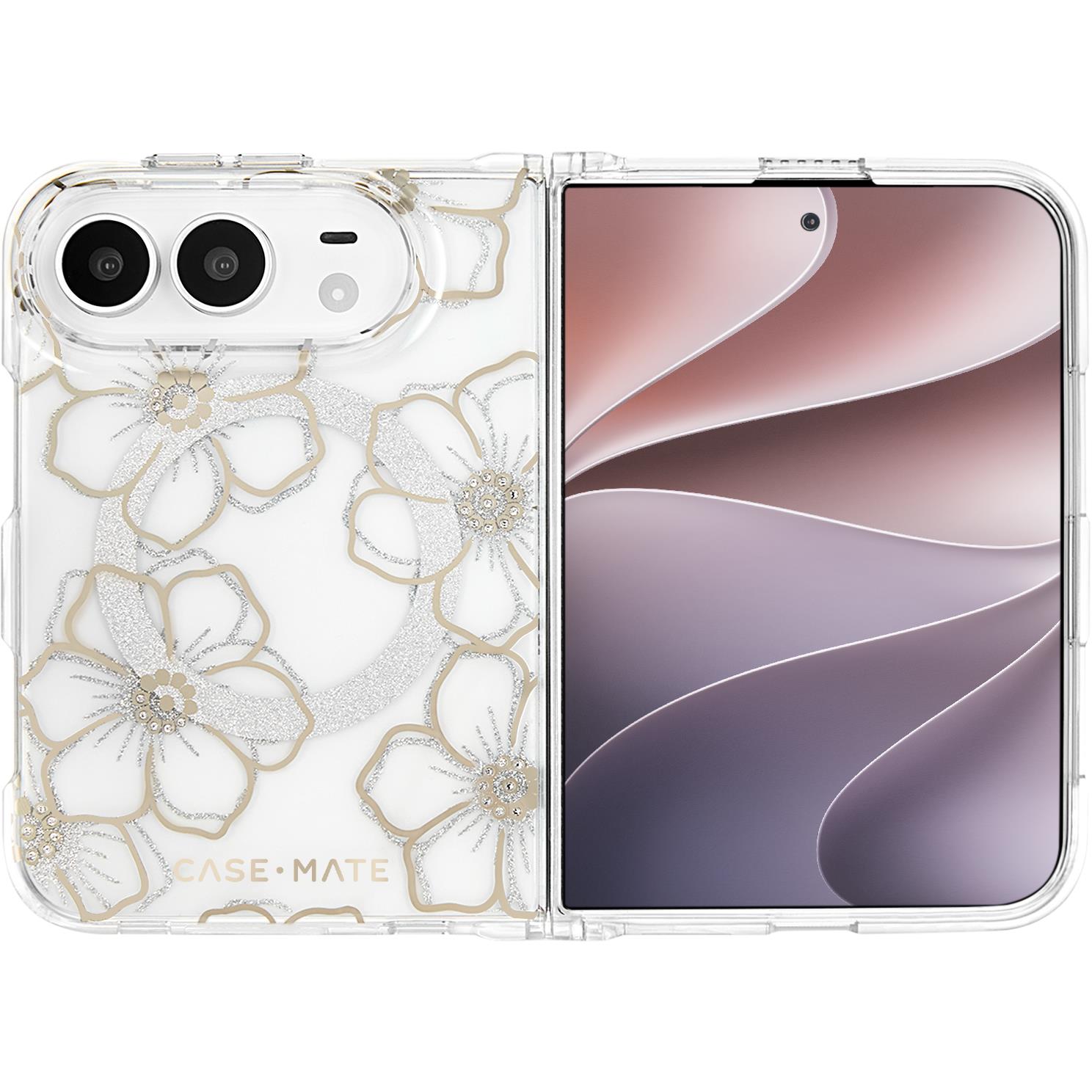 Transparent phone case with white-and-gold floral gems on the back and sides