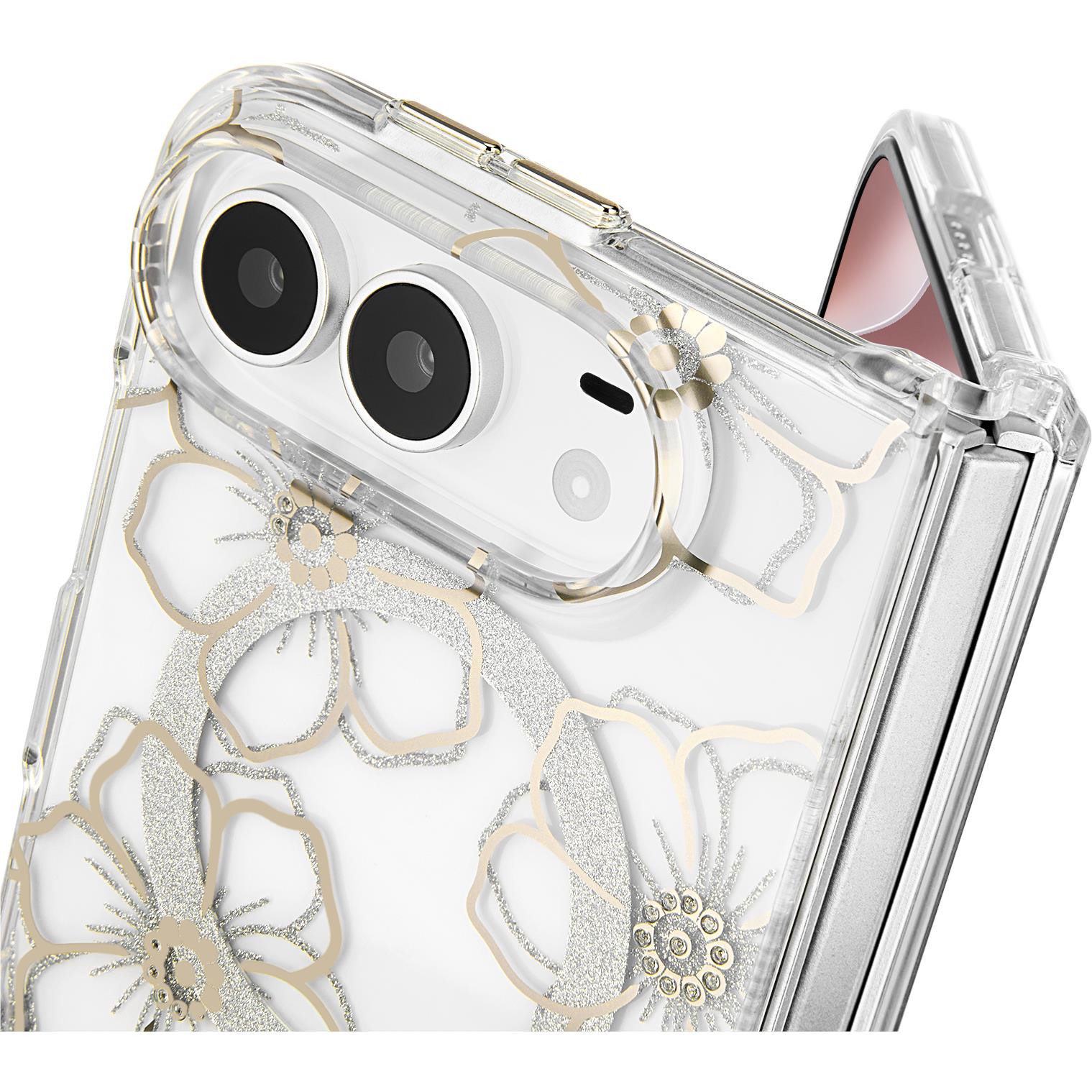 Clear case corner with gold floral gem cluster and dual camera openings