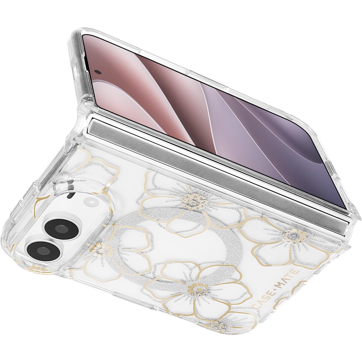 Clear phone case with gold floral design and protective raised corners