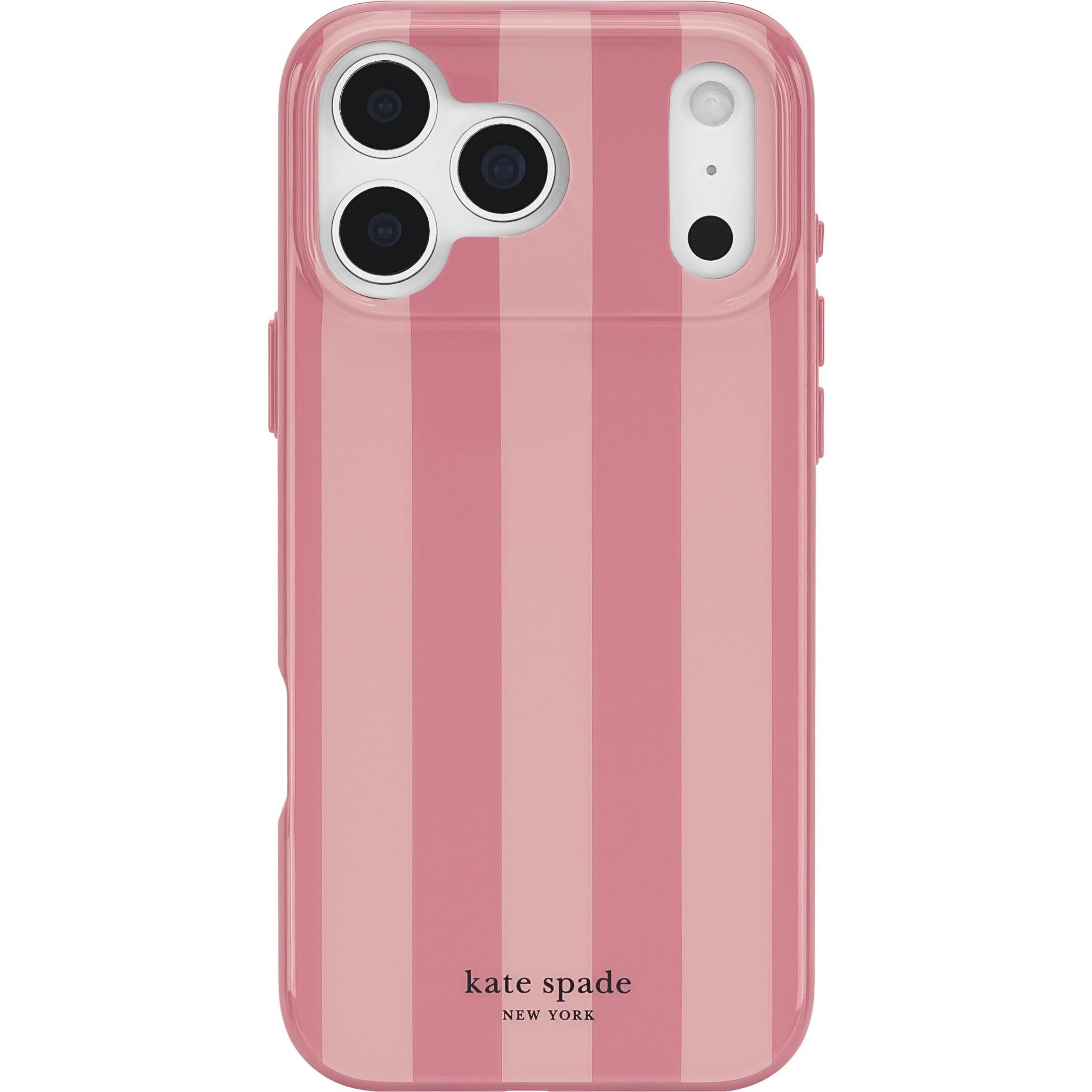 Rose coral iPhone case with vertical stripe pattern and camera cutouts