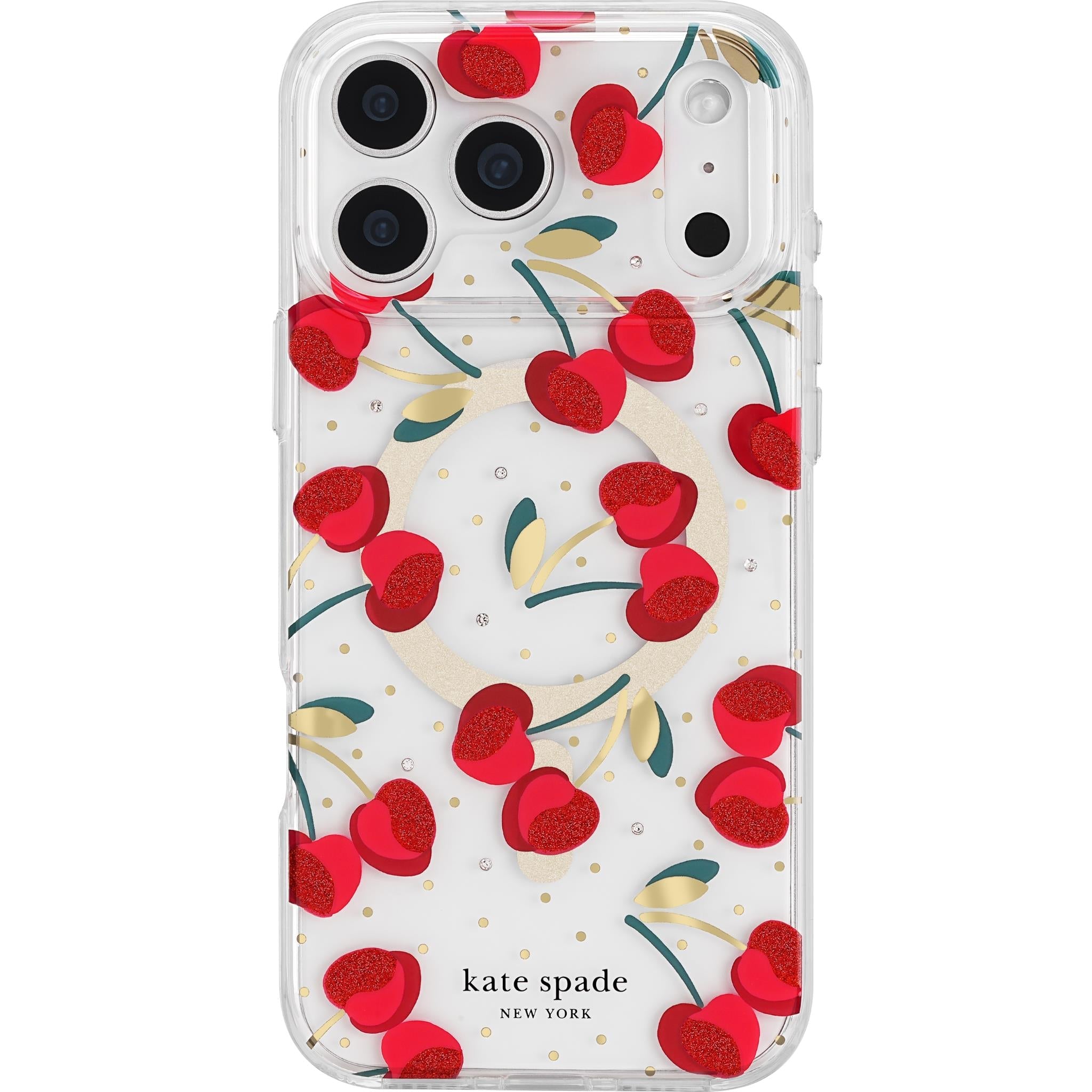 Clear iPhone MagSafe case with red cherries and green leaf pattern, kate spade logo