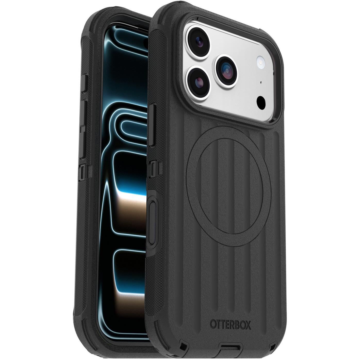 Black OtterBox Defender Pro MagSafe case with side opening and camera cutouts