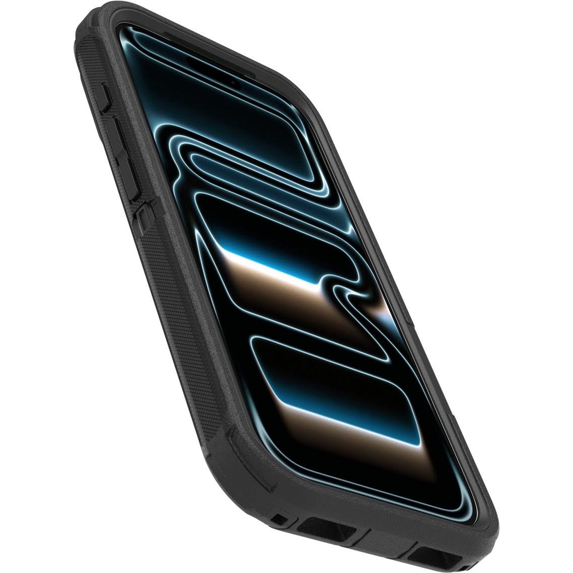 Black OtterBox Defender Pro MagSafe case with rugged edge and button covers