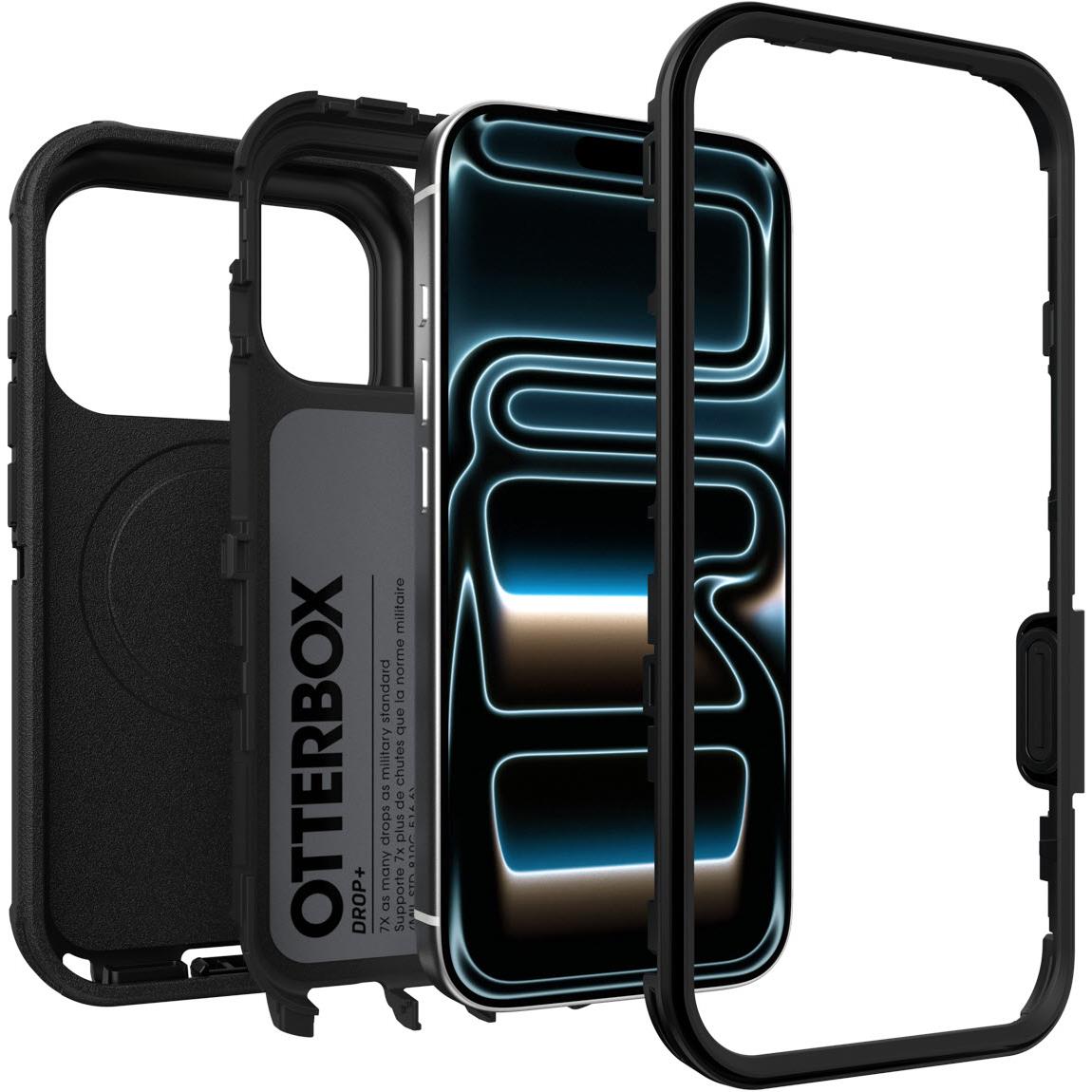 Black OtterBox Defender Pro MagSafe case with front cover and side rails