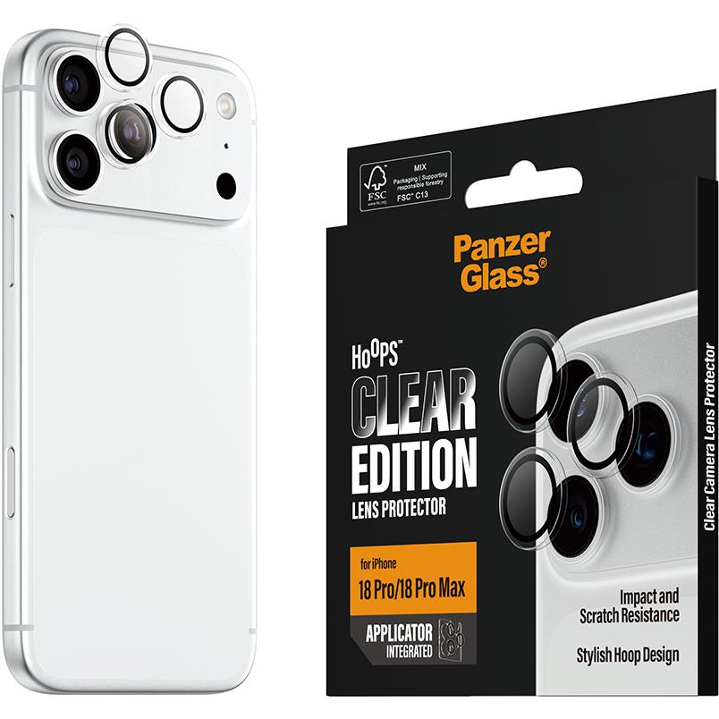 Clear hoop lens protector rings on phone with PanzerGlass box