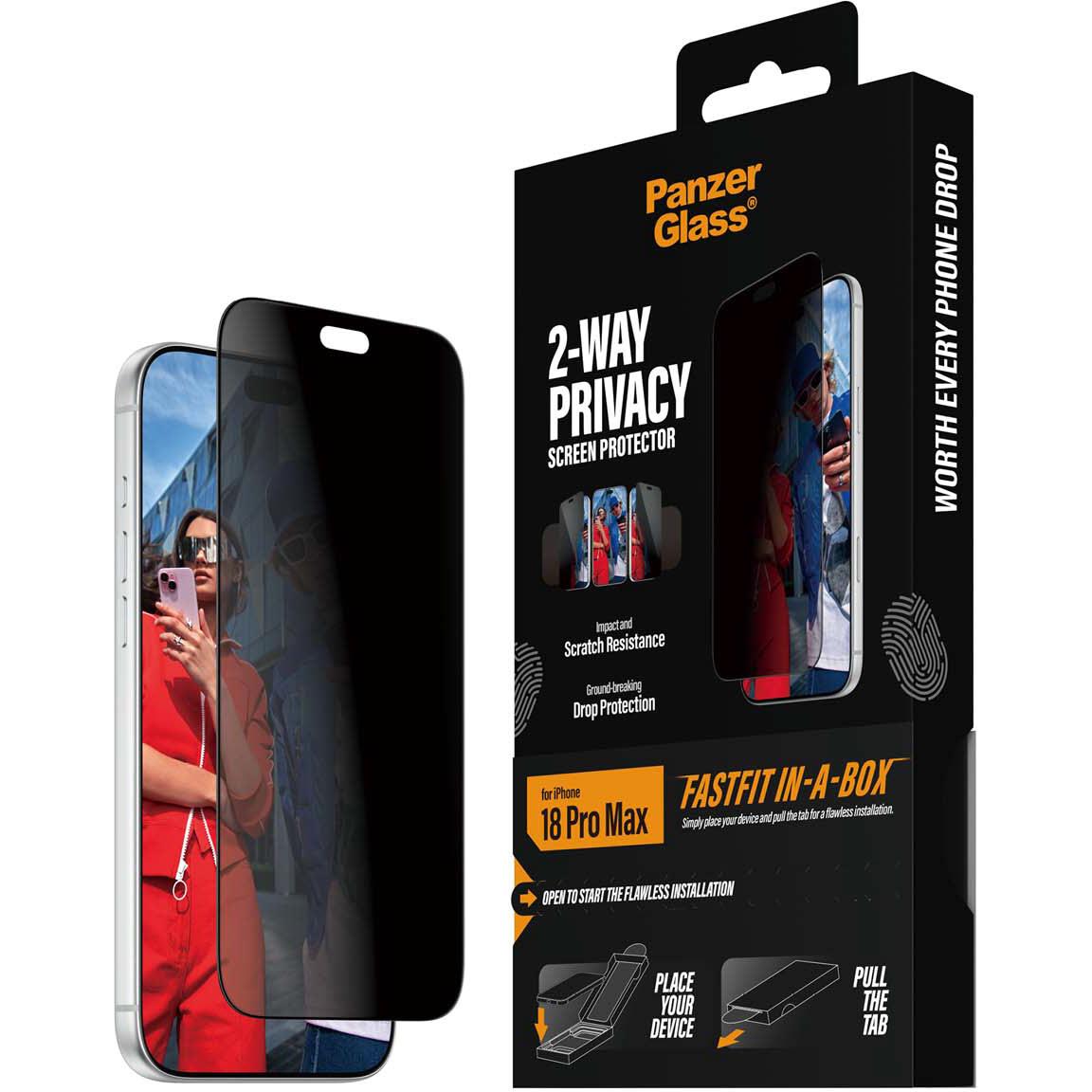 2-way privacy screen protector for iPhone 18 Pro Max, black tempered glass panel