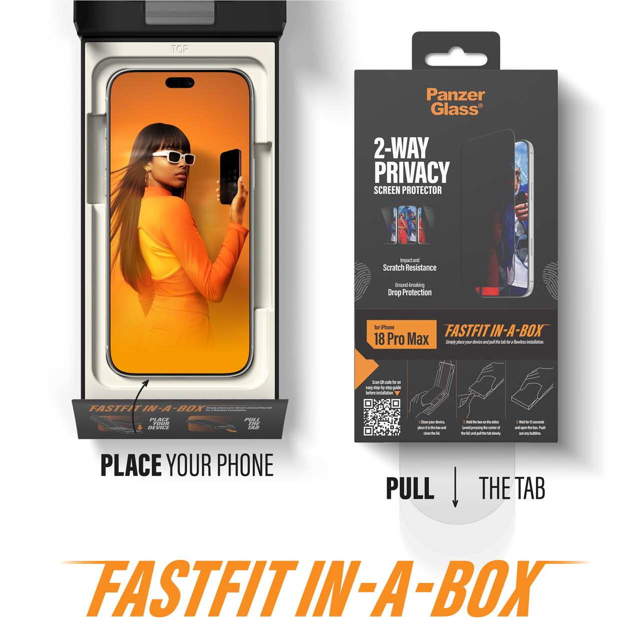 PanzerGlass 2-way privacy screen protector set with box and phone screen