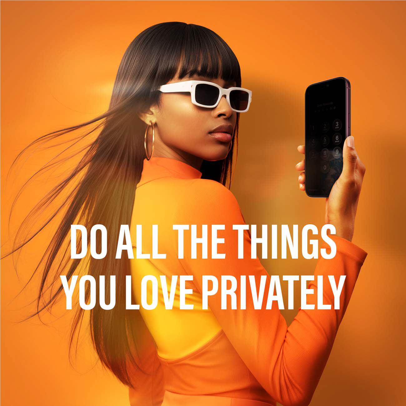 iPhone with 2-way privacy screen protector, dark display on screen