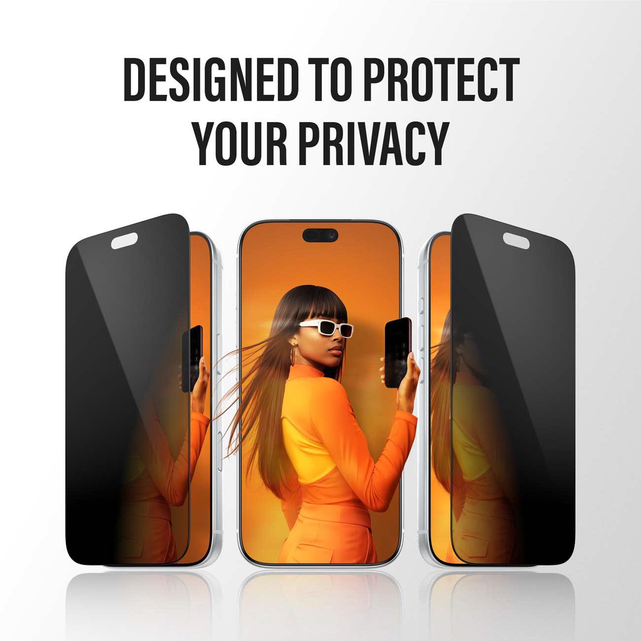 Set display of iPhone 2-way privacy screen protectors, black panels shown