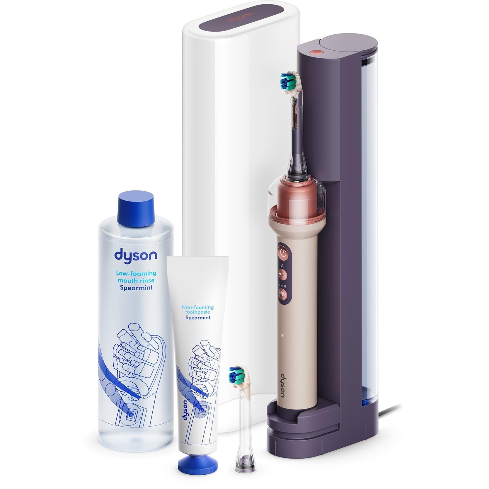 Dyson cordless toothbrush with flosser starter kit, slim base and brush handle, pink and dark purple