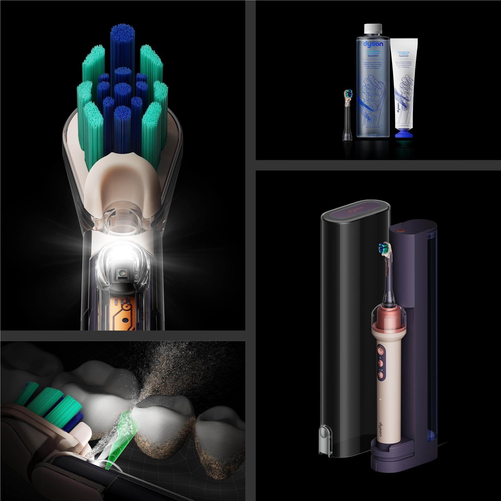 Rechargeable toothbrush with flosser tip, illuminated bristle head, in clear nozzle