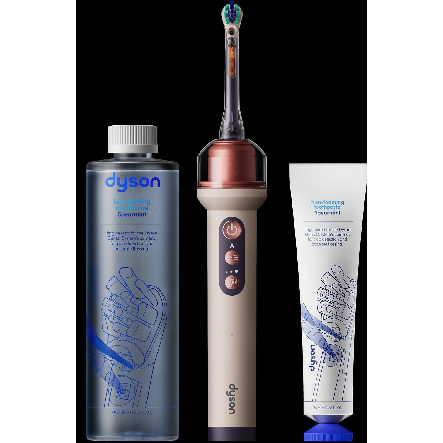 Dyson starter kit with rechargeable toothbrush handle, flosser, and two solution bottles