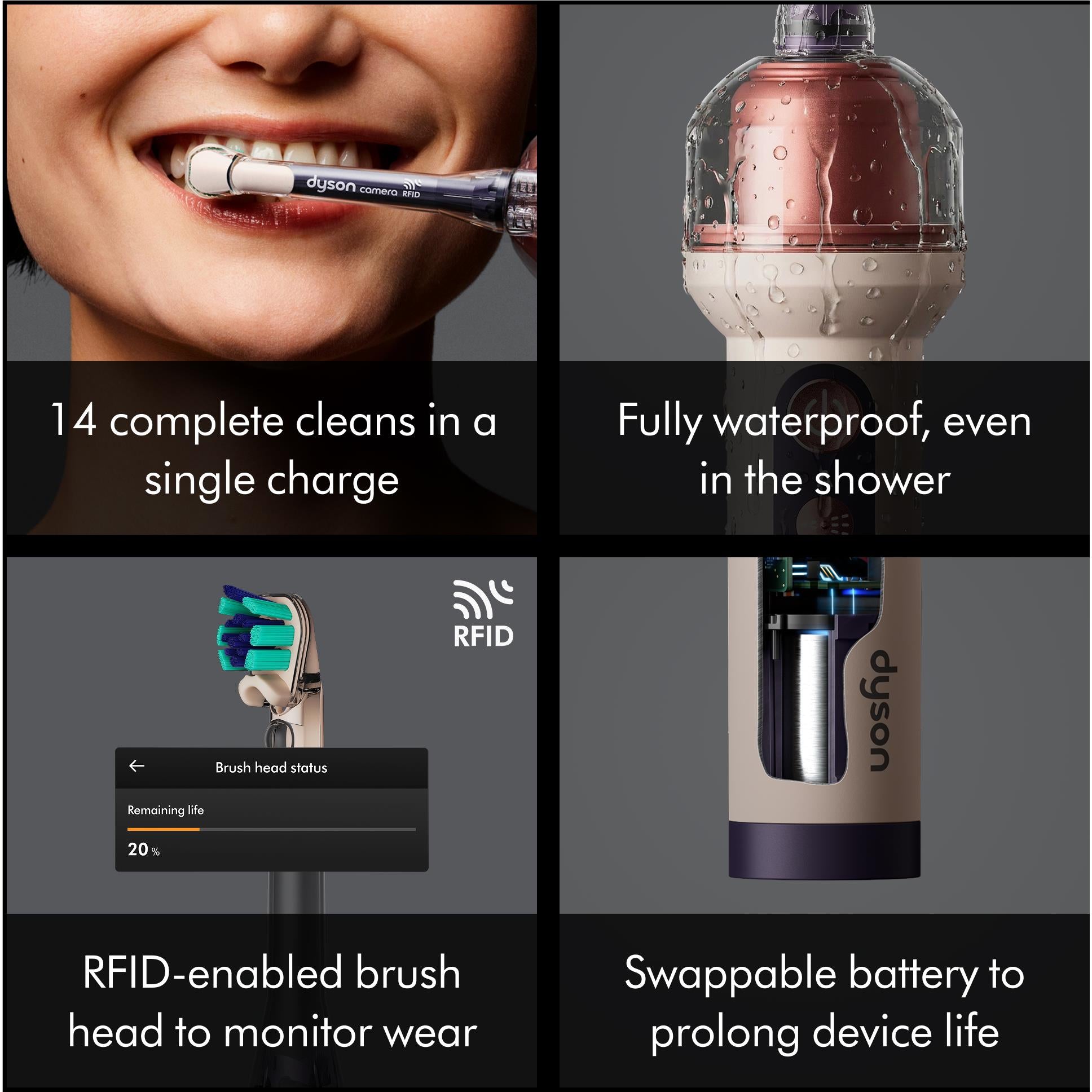 Cordless toothbrush handle with metal jet tip and water droplets; charging dock and display view