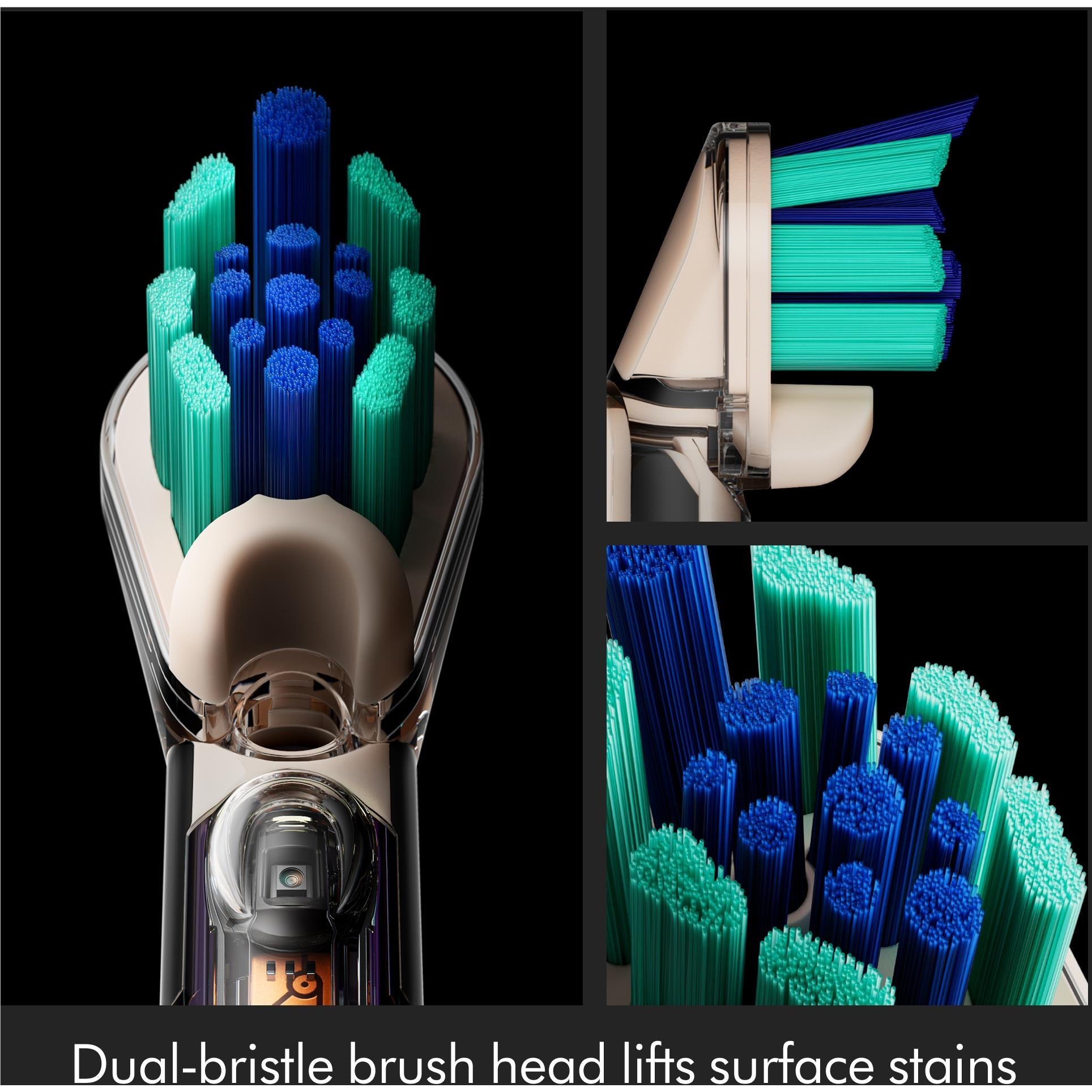 Dual-bristle brush head with multiple colored bristles, close-up on rotating cleaning head