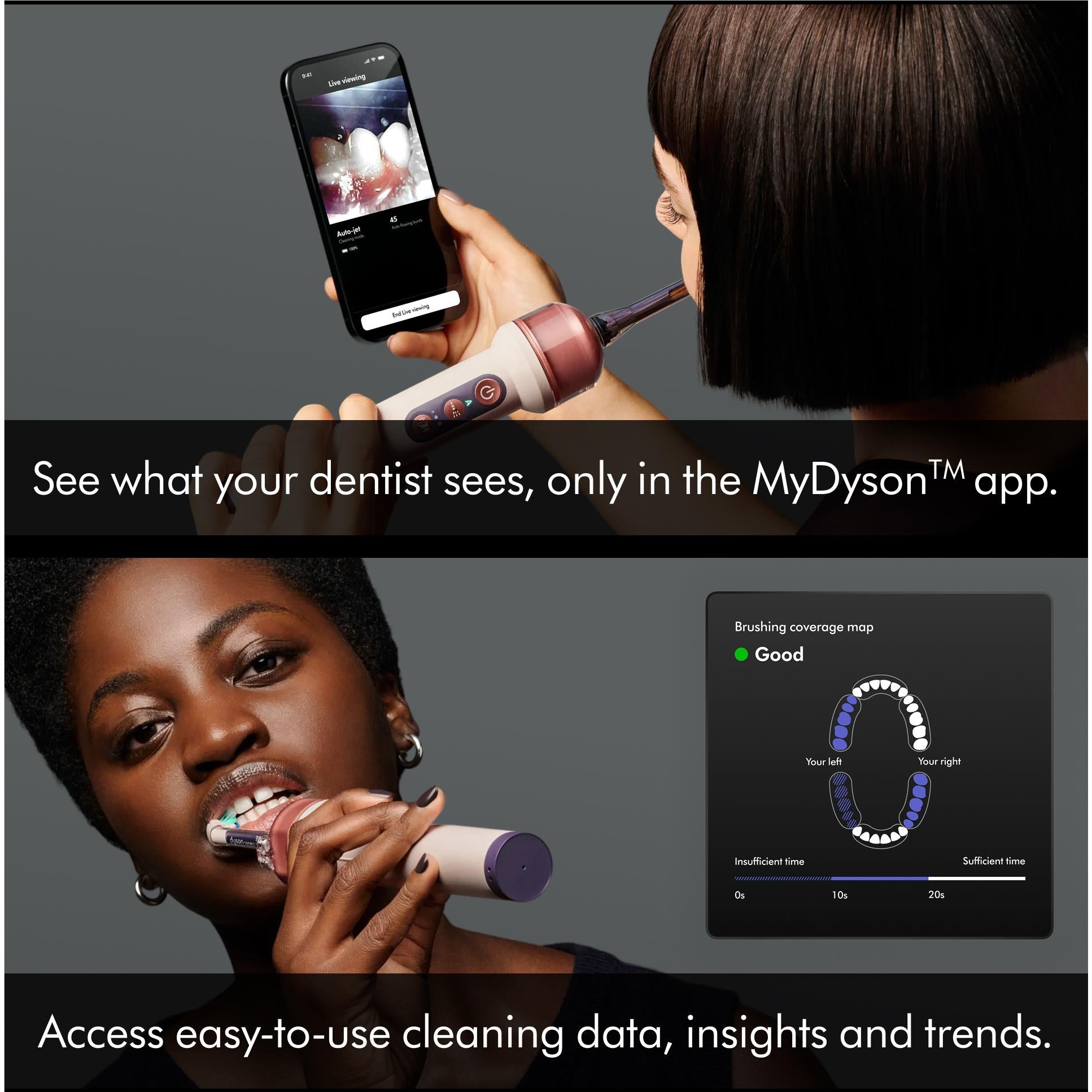 Cordless toothbrush held near mouth with app-style screen on phone, dark handle and brush tip