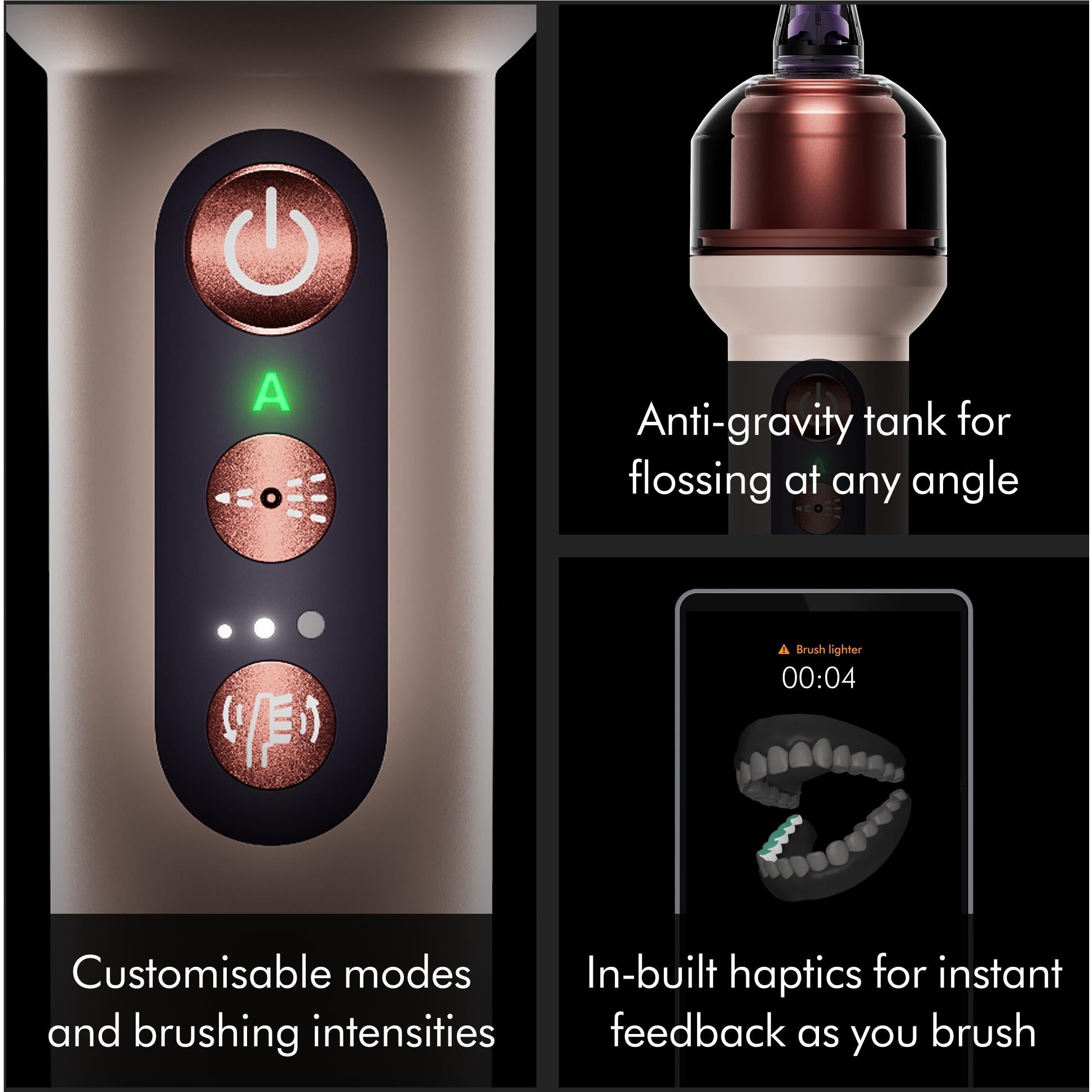 Cordless toothbrush handle with control screen and haptic feedback indicators, rose-gold nozzle