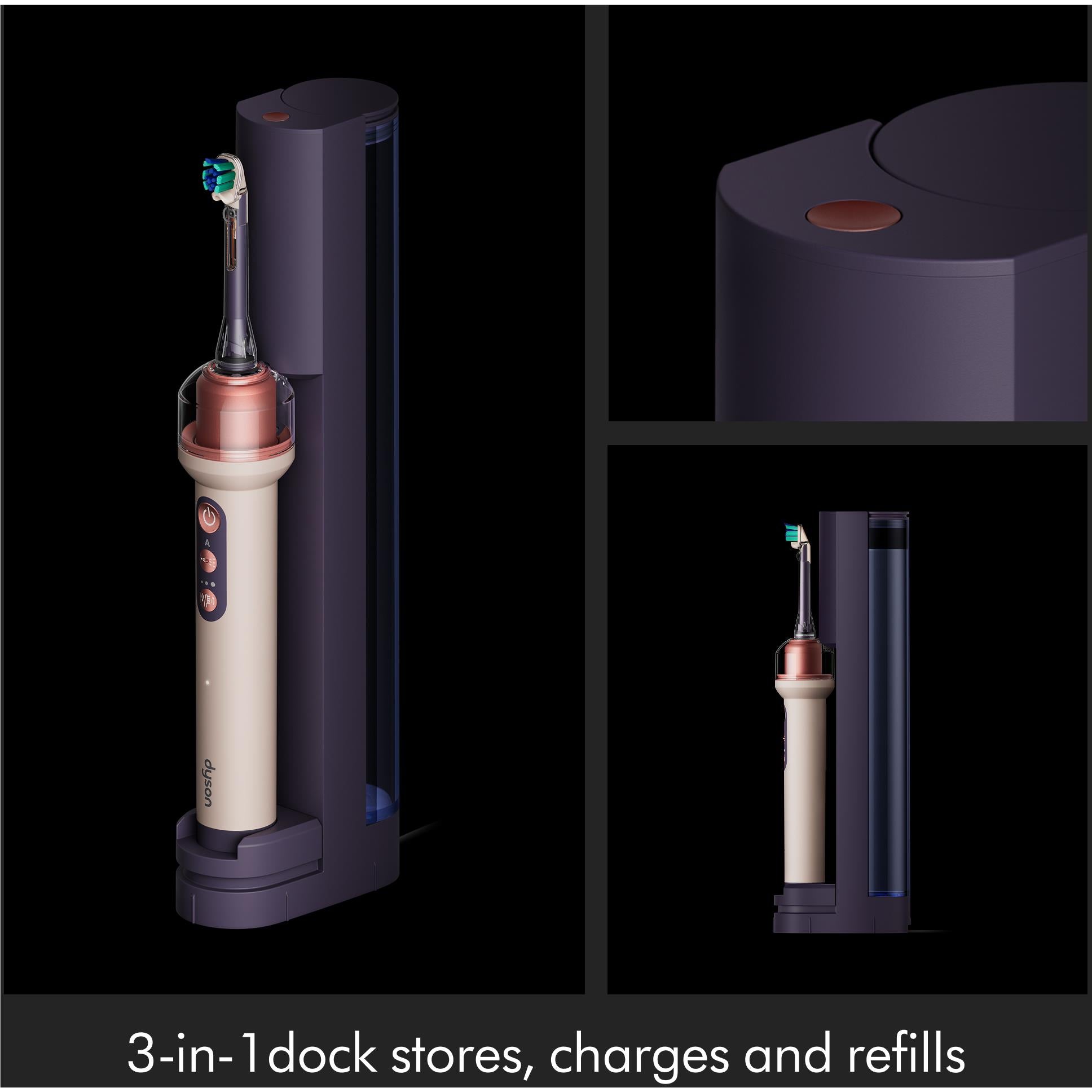 Toothbrush in charging dock with attached handle; side view showing storage and charging base