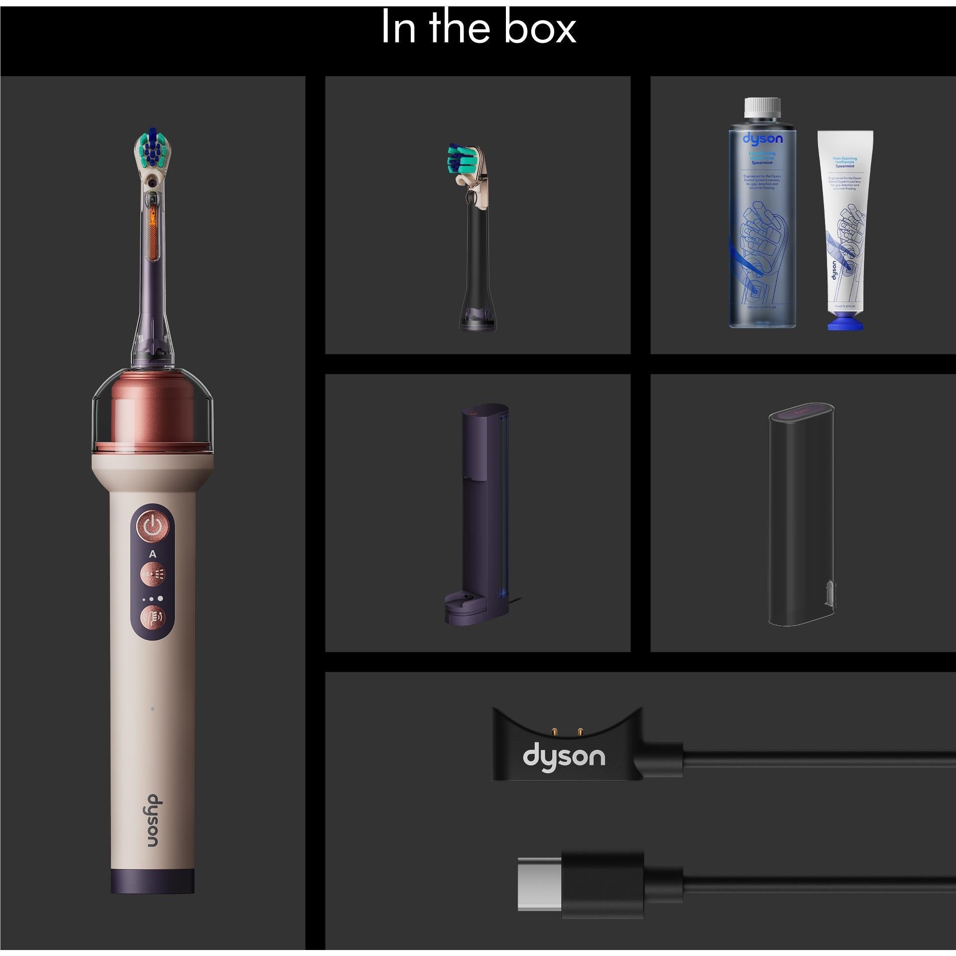 In-the-box accessories: toothbrush, charger base, spare battery, and cable