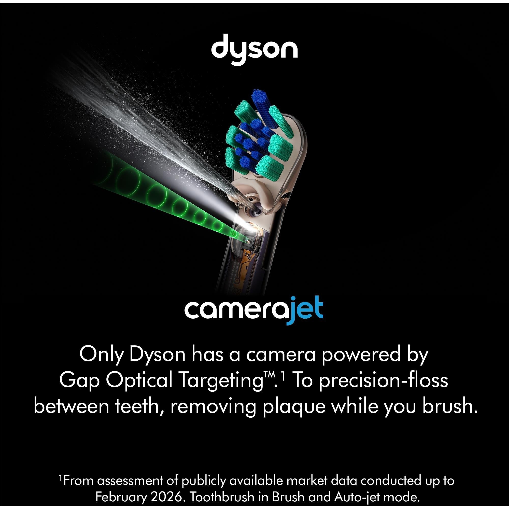 Dyson CameraJet flosser nozzle with water jet aimed at a toothbrush head