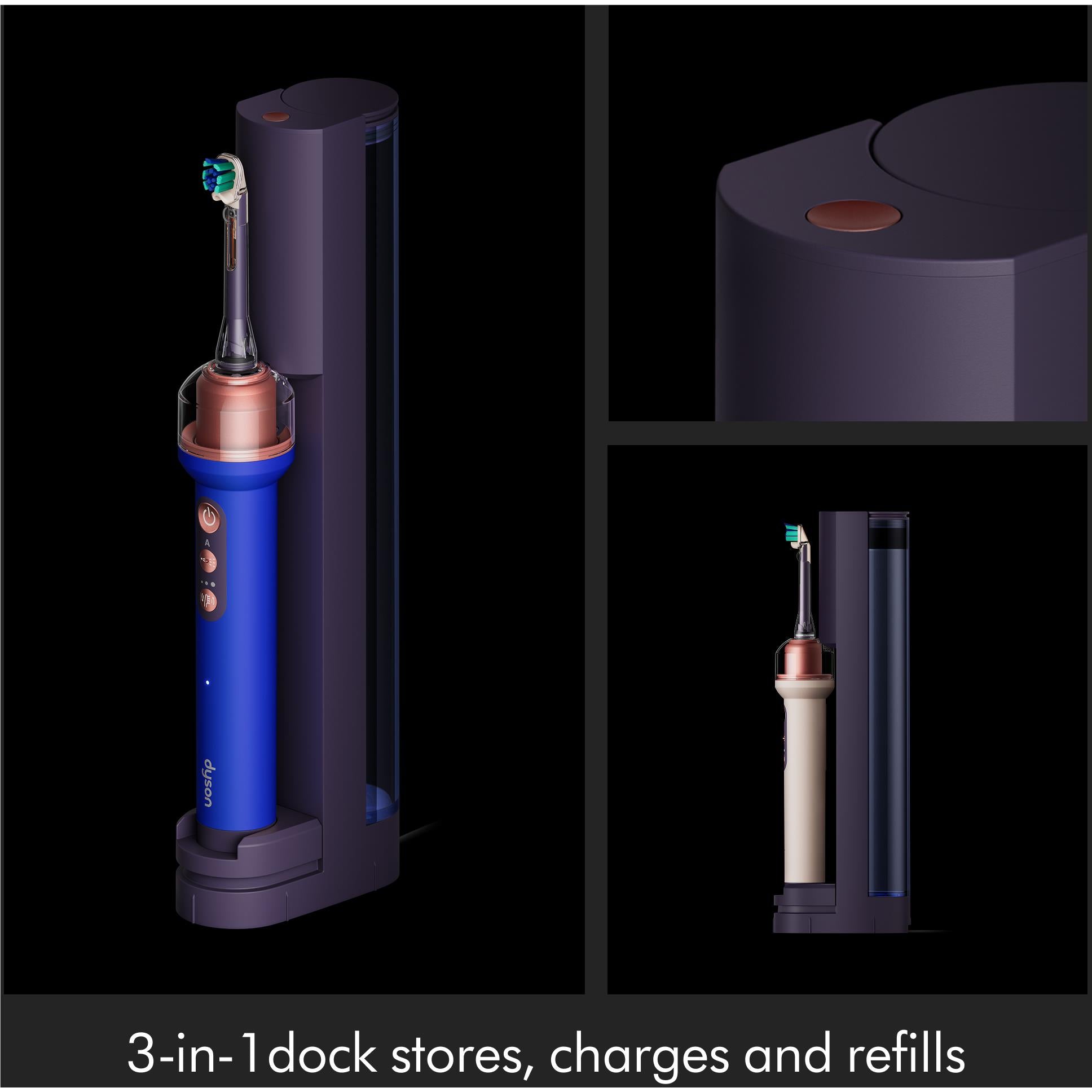 Blue electric toothbrush with charging dock base and flosser nozzle