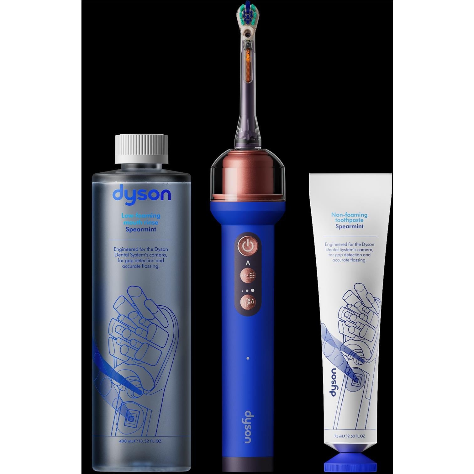 Dyson electric toothbrush starter kit with blue handle and two bottles