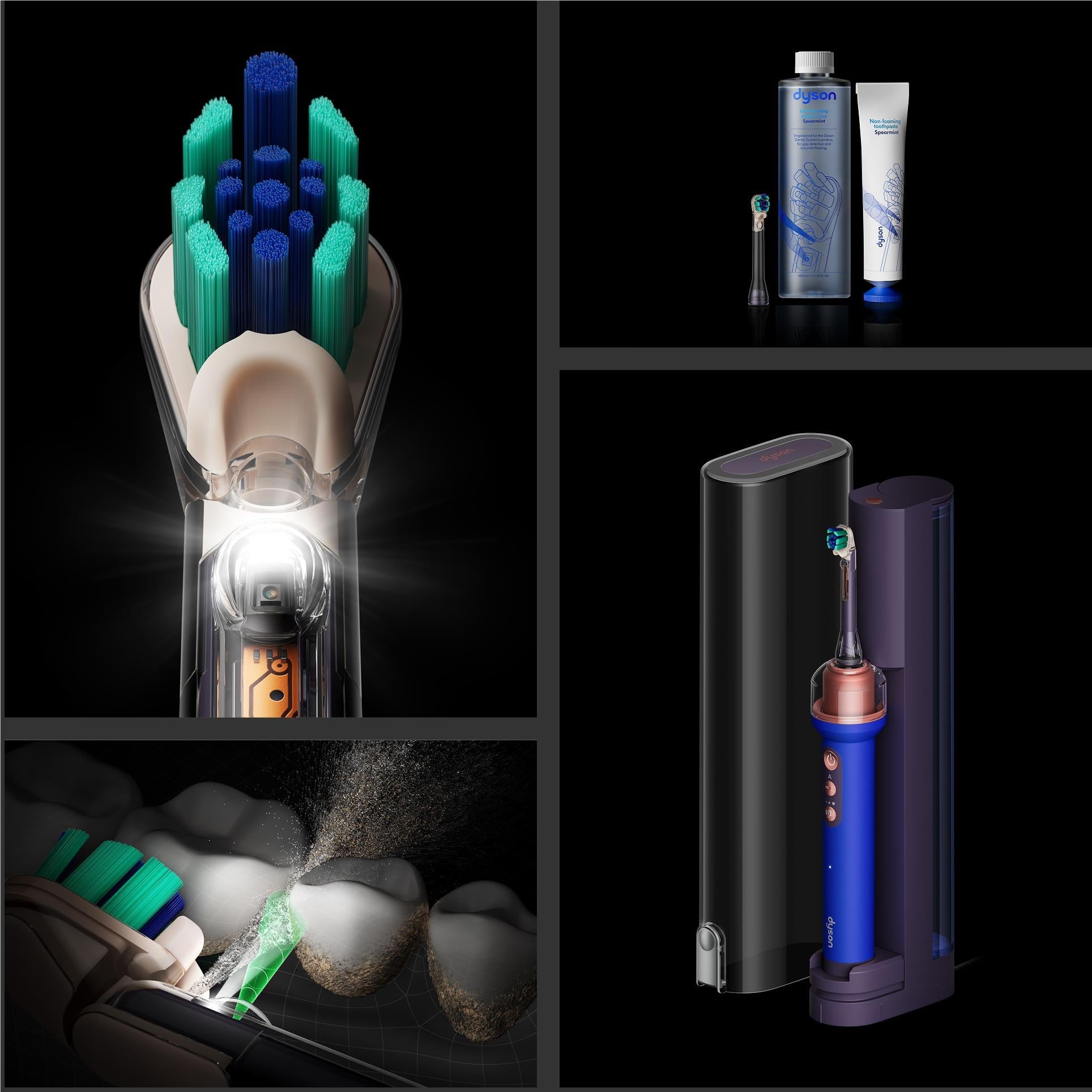 Dyson CameraJet toothbrush set with dual-bristle brush head, stand, and battery unit