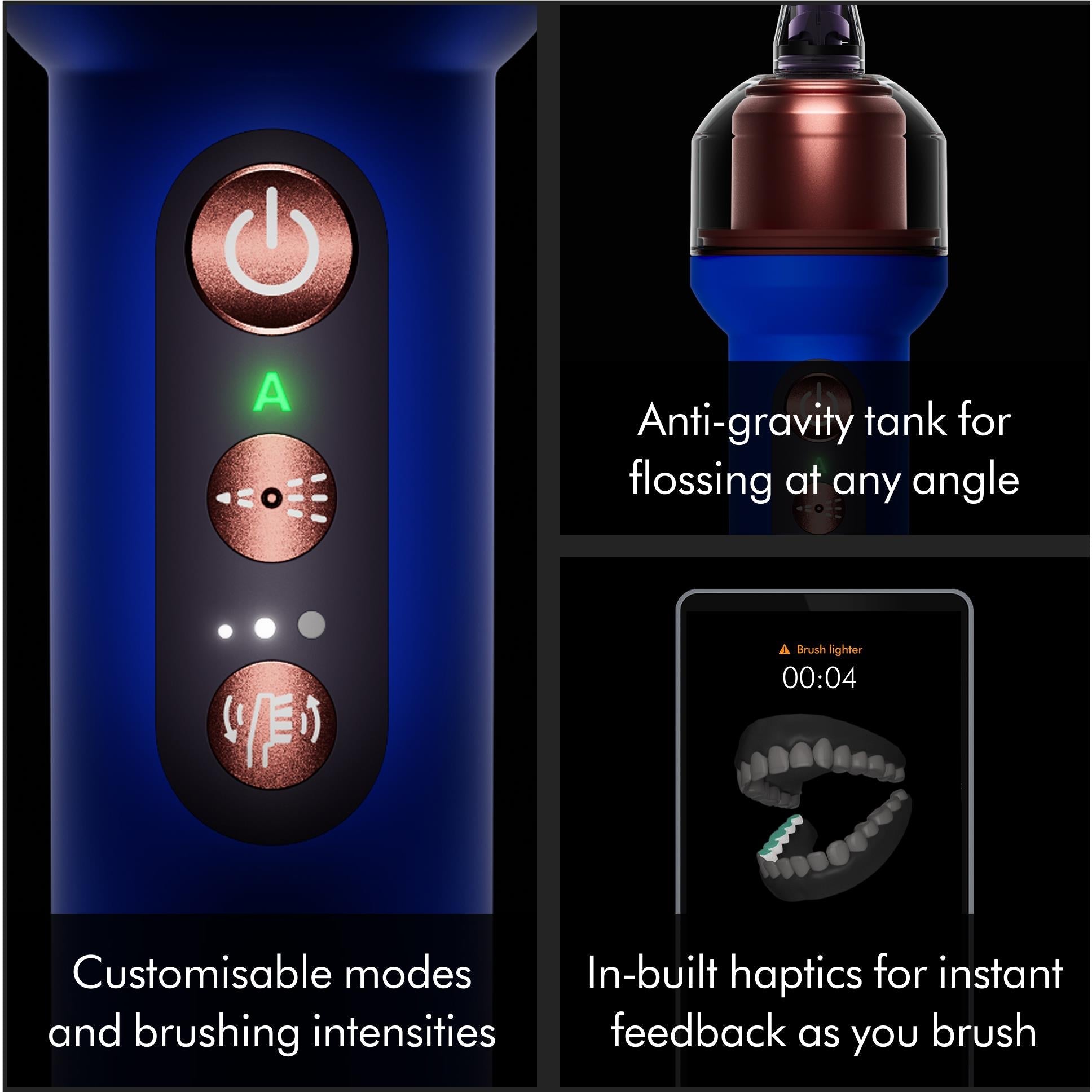 Dyson CameraJet toothbrush handle with lit mode buttons and flosser tank top