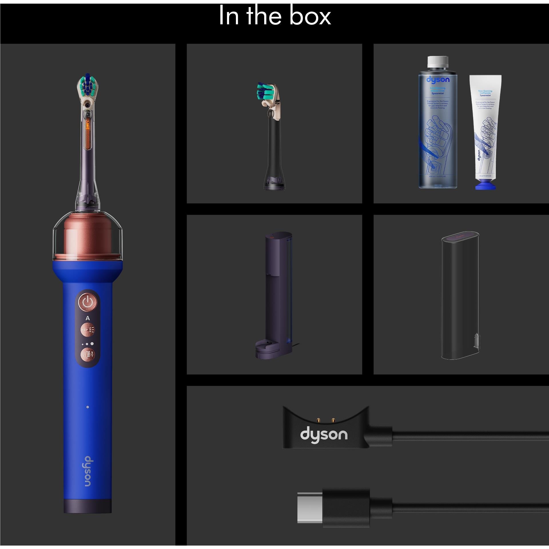 Dyson CameraJet starter kit contents including toothbrush handle, stand, and cables