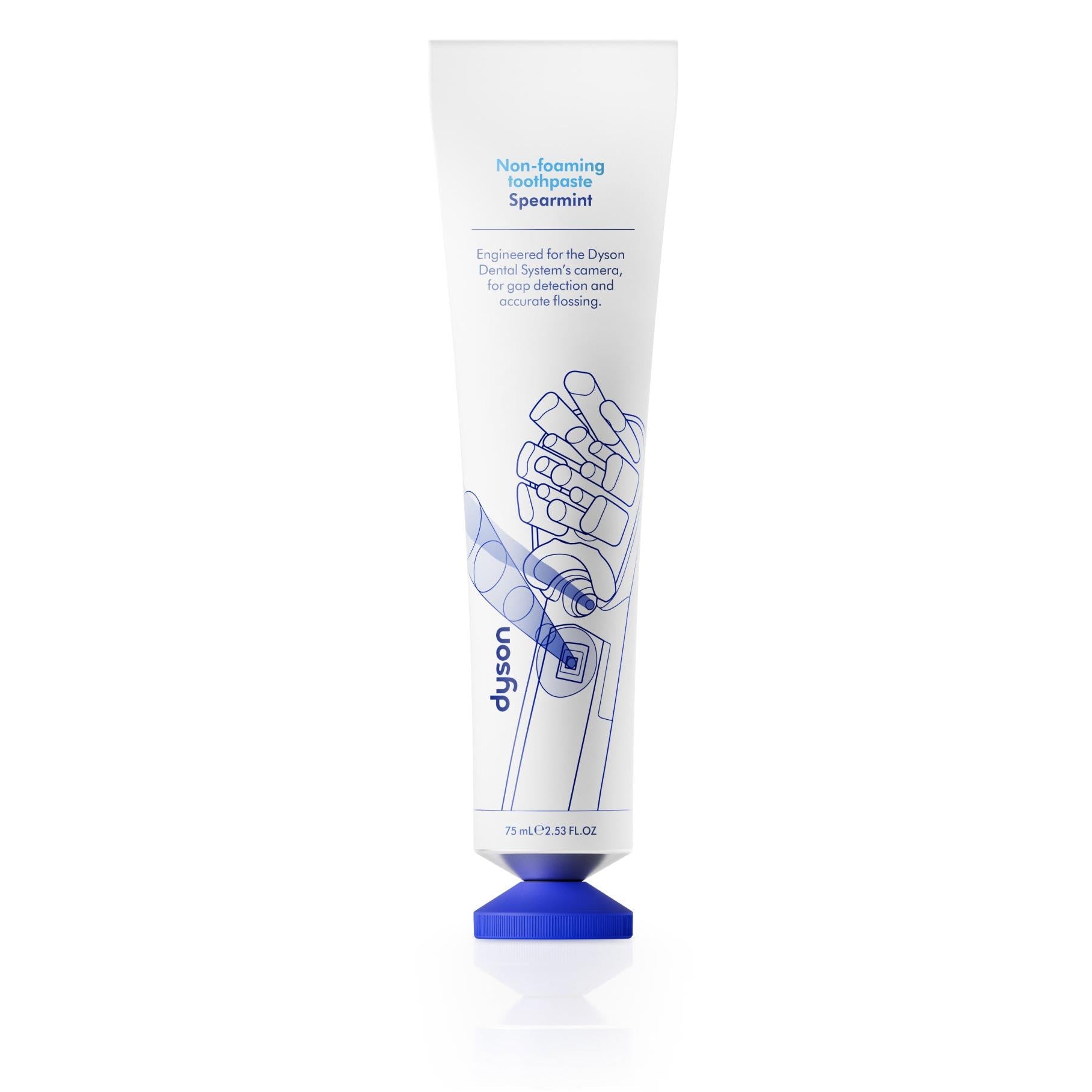 Dyson non-foaming spearmint toothpaste tube, 75 ml, white tube with blue cap
