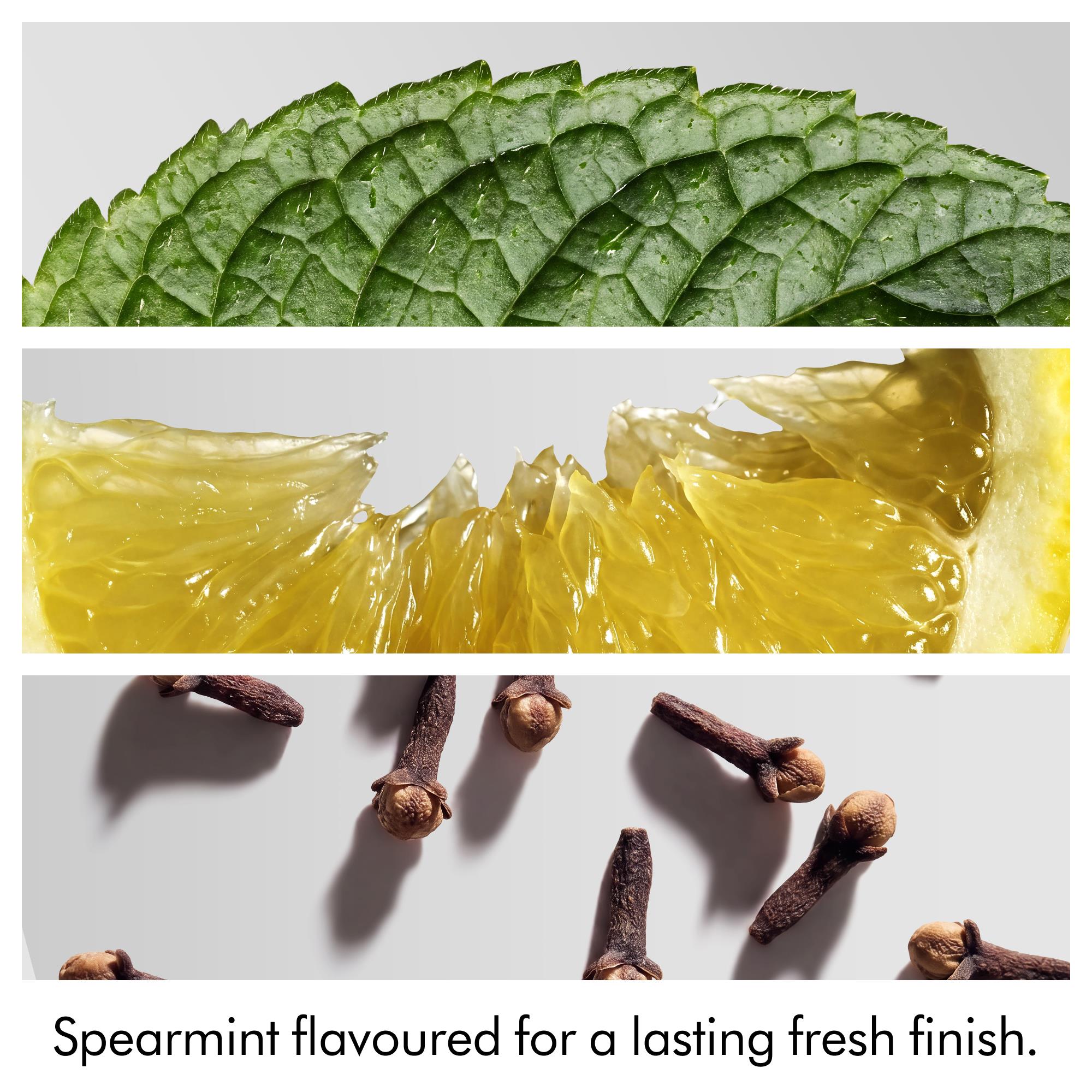 Spearmint flavor visuals: green mint leaves, yellow gel, and clove-like pieces