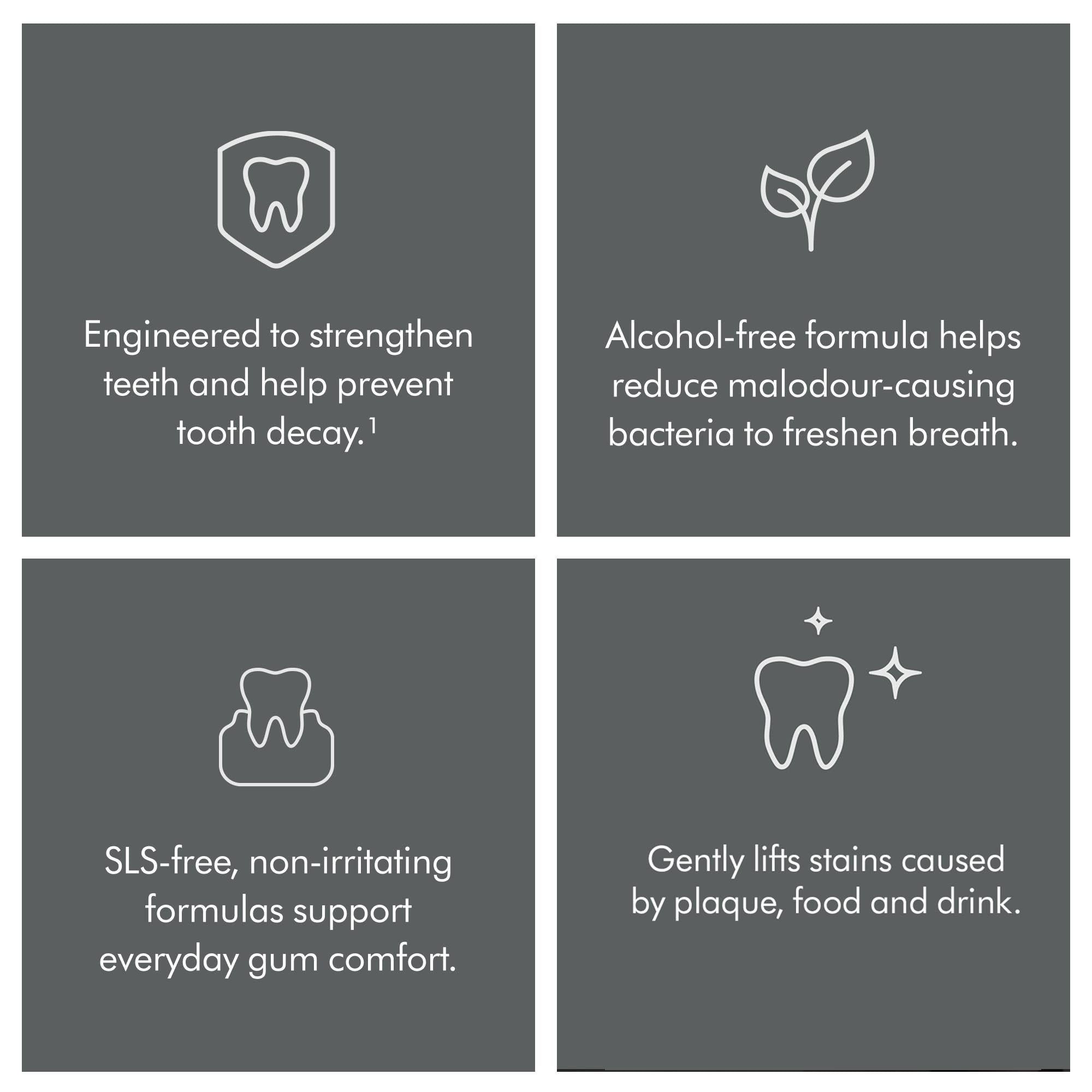 Toothpaste feature icons: shield, leaf, gum comfort, and stain-lifting teeth